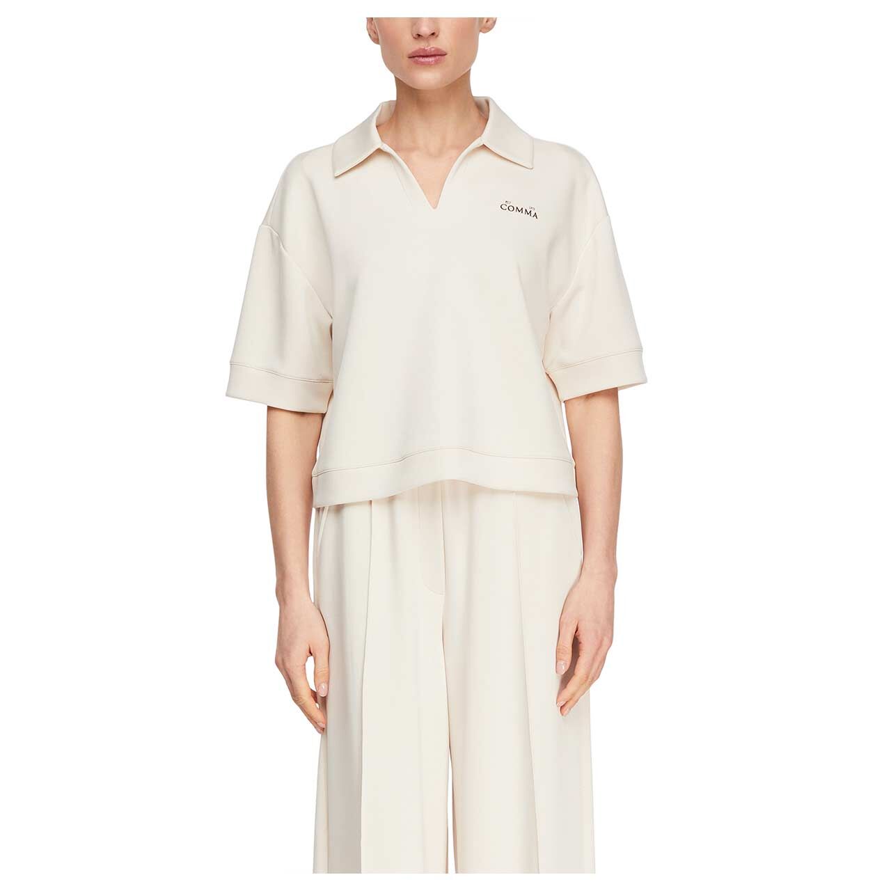 Damen Poloshirt von Comma in Beige mit Print, Vorderansicht Model