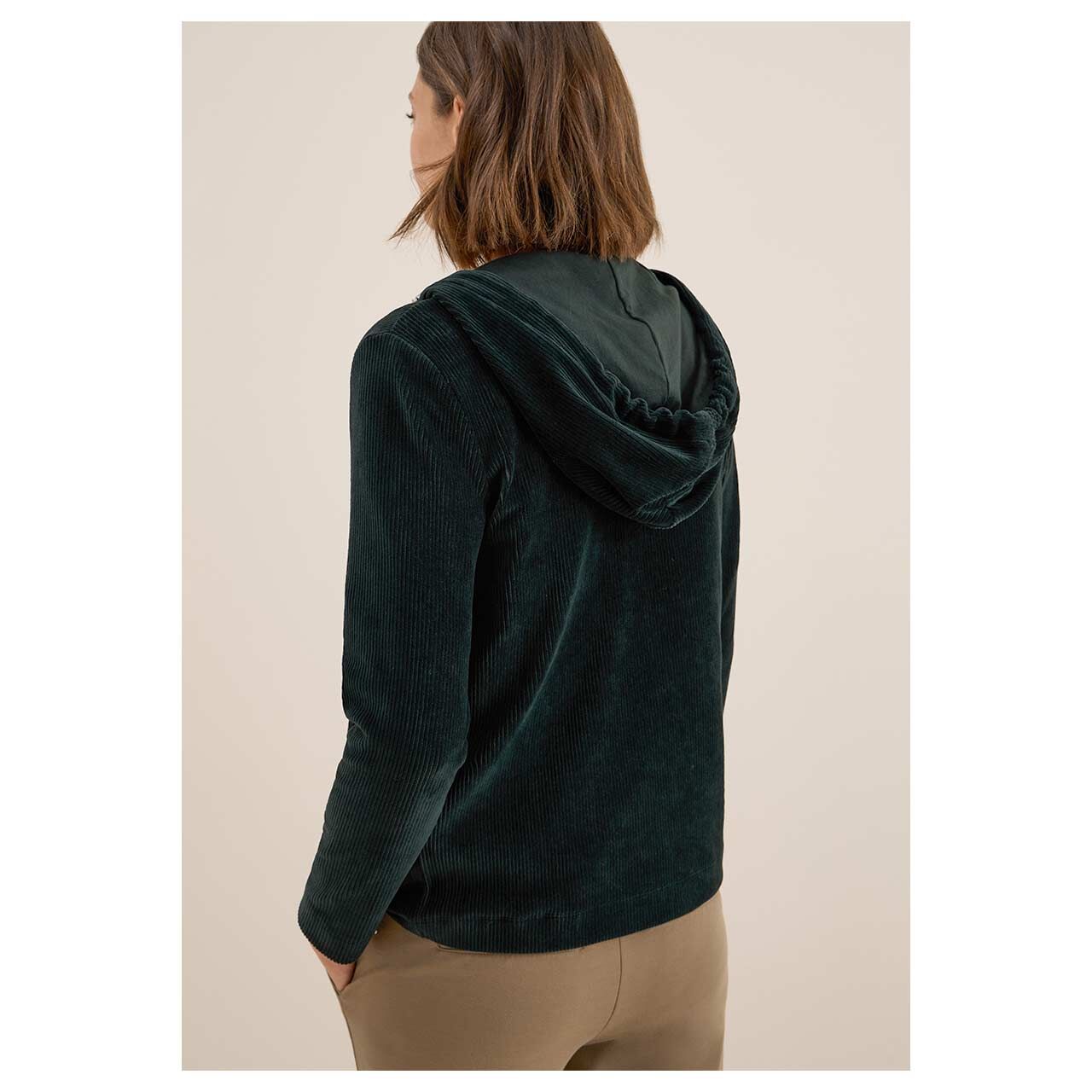 Damen Hoodie Sweatjacke Cord Jacket von Cecil in Dunkelgrün, Rückansicht am Model