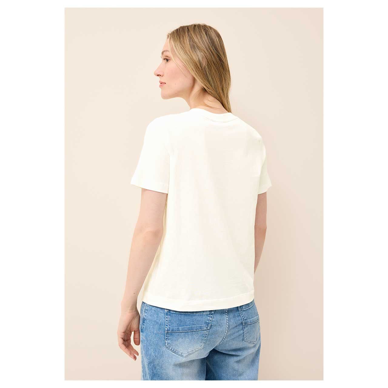 Damen T-Shirt Chest Wording von Cecil in Cremeweiß, Rückenansicht am Modell