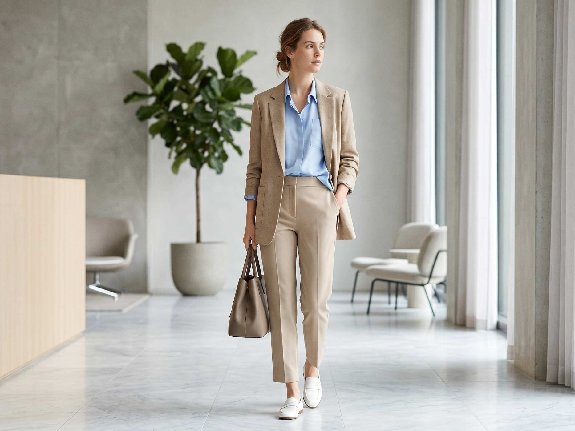 Eine Frau tr&auml;gt eine blaue Oversized Bluse kombiniert mit einer beigen Stoffhose, einem beigen Blazer und wei&szlig;en Sneakern in einem Office Look.