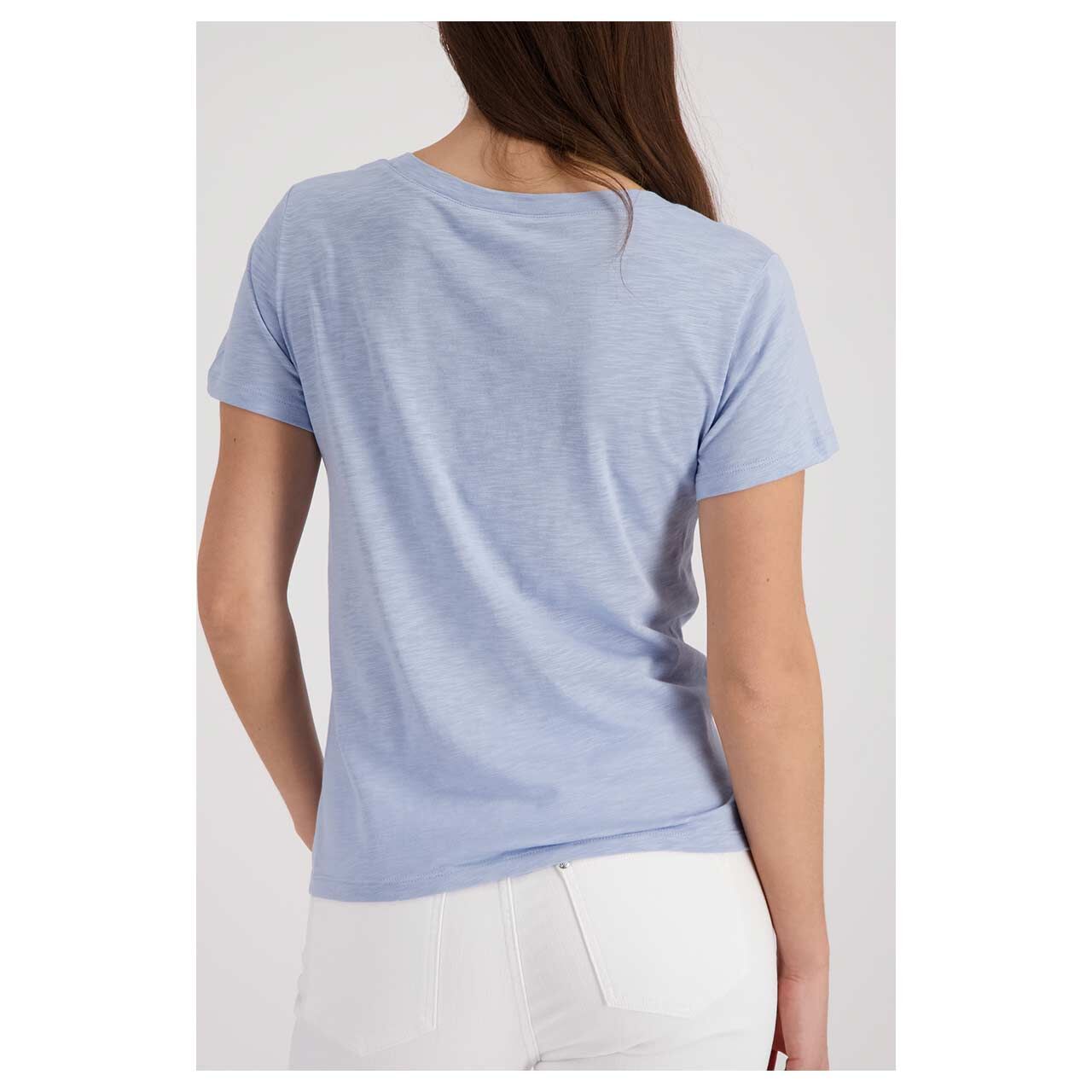 Damen T-Shirt von Monari in Hellblau mit Print, Rückansicht am Model