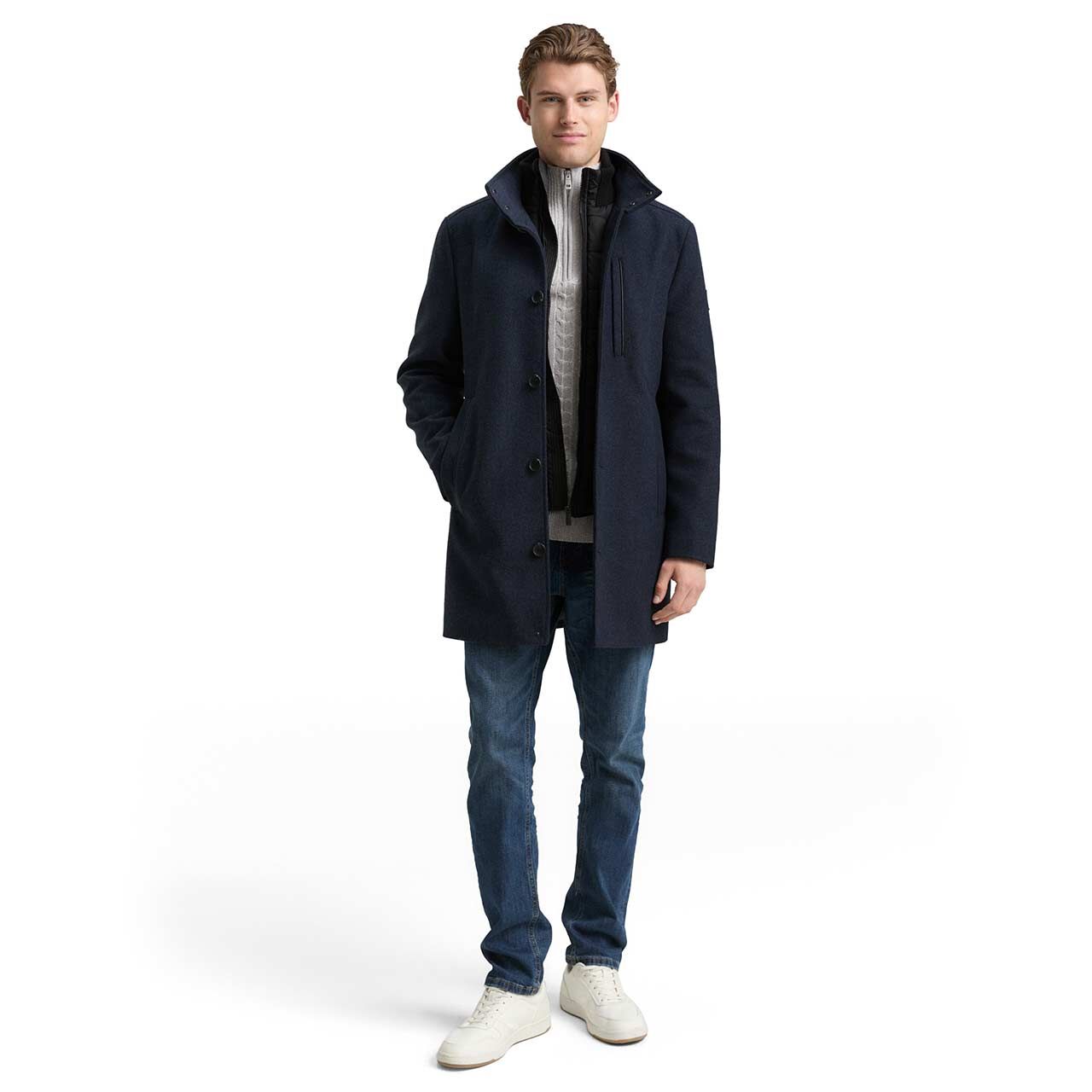 Herren Mantel Wool Coat 2 in 1 von Tom Tailor in Dunkelblau mit Print, Ganzkörperansicht