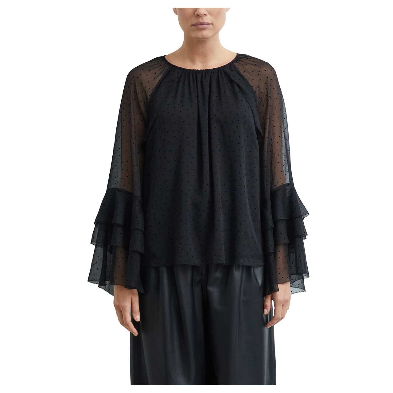 Damen Langarm Bluse von Comma in Schwarz mit Print, Vorderansicht am Model