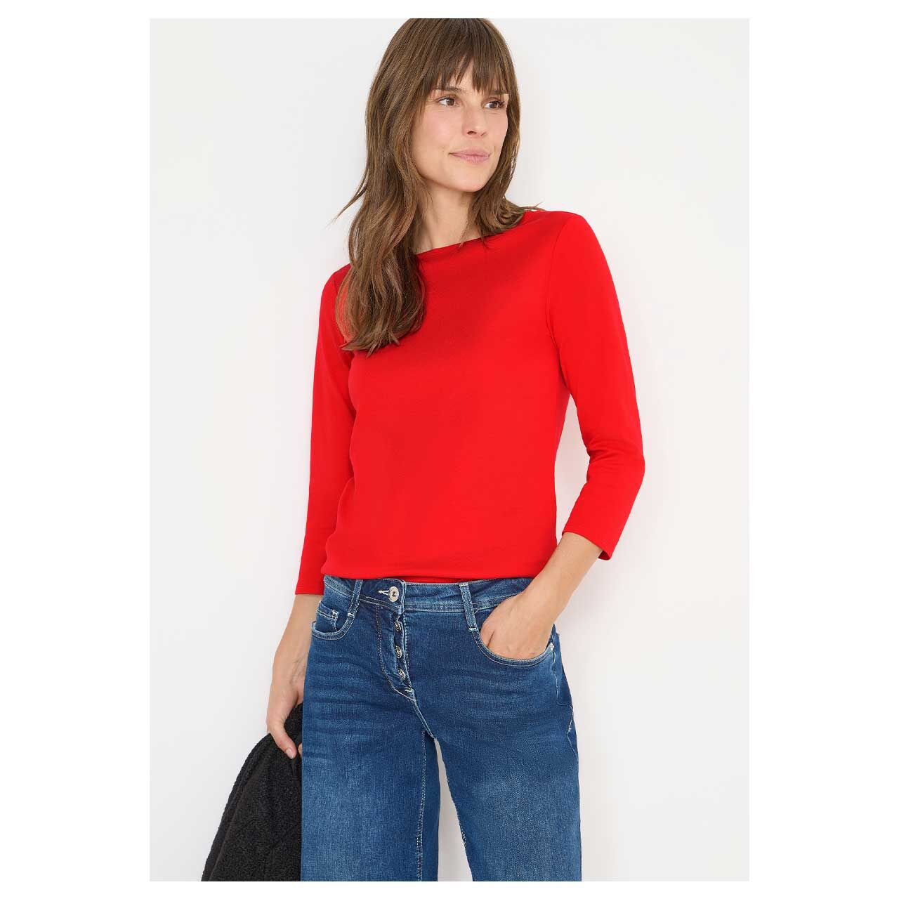 Damen 3/4 Arm Shirt Basic Boatneck von Cecil in Orange-Rot, Detailansicht vorne am Model