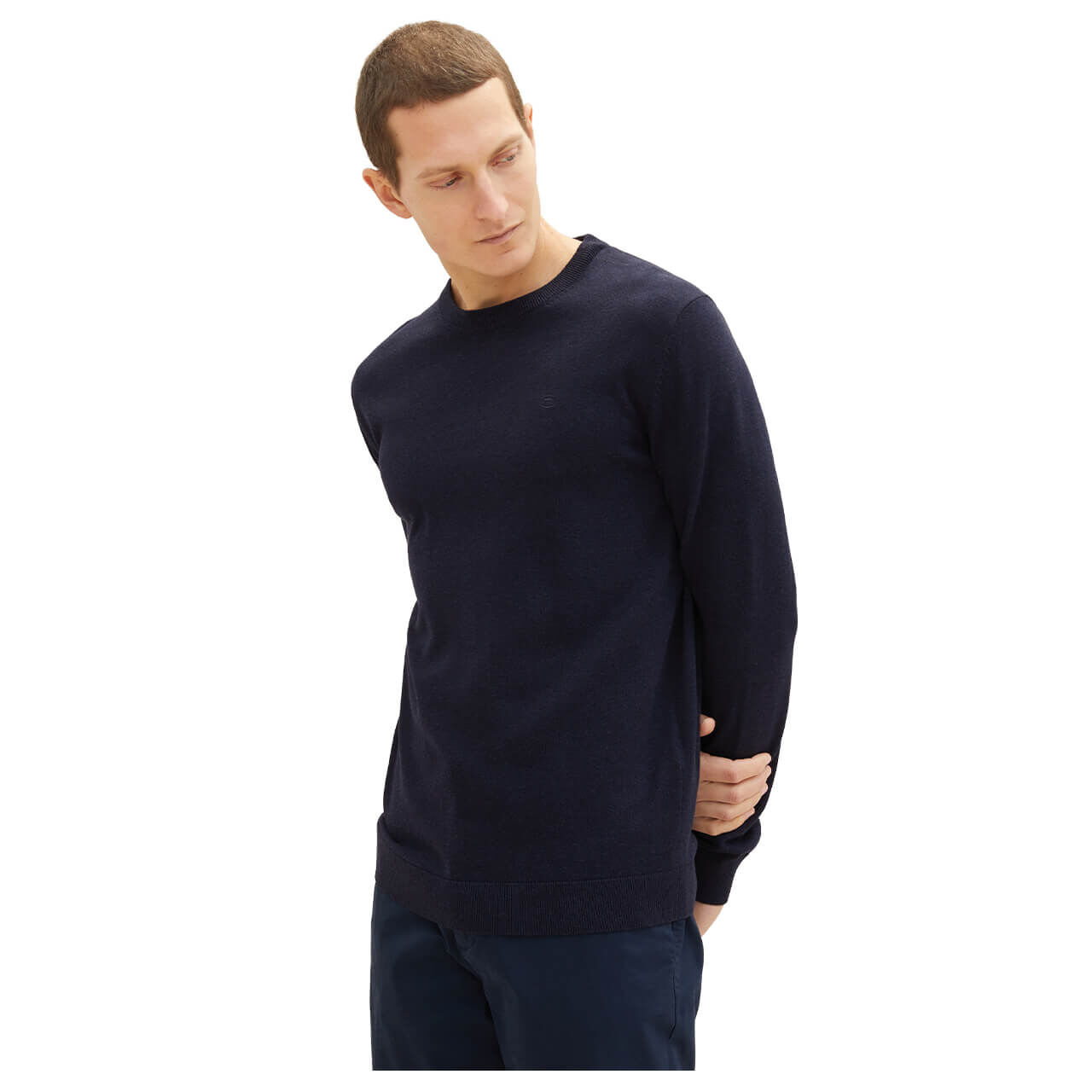 Tom Tailor Herren Pullover Basic Crewneck knitted navy melange compact cotton