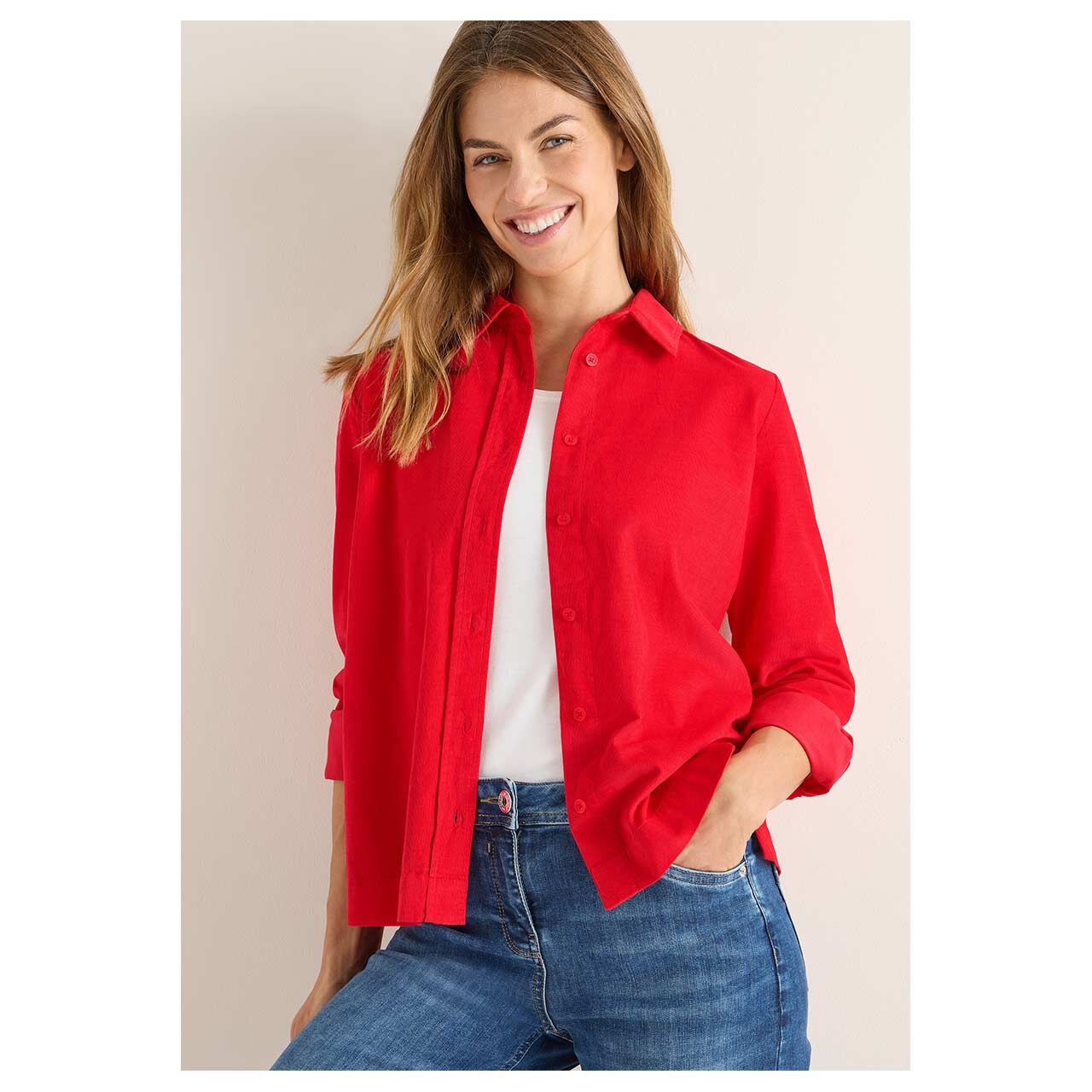 Damen Langarm Cord Bluse Solid Corduroy von Cecil in Rot, offene Vorderansicht am Model
