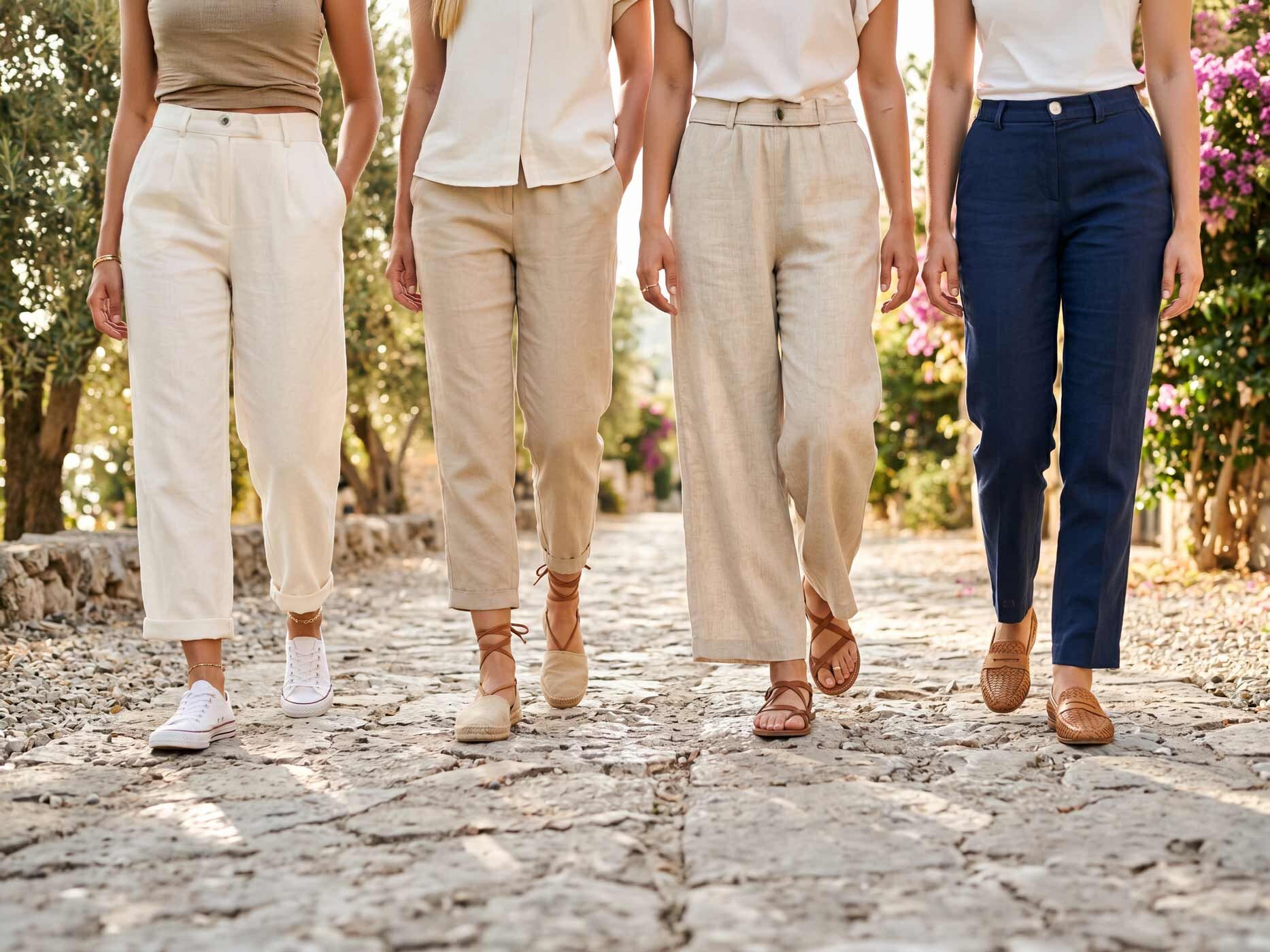 Mehrere Frauen tragen Leinenhosen in verschiedenen Farben und kombinieren sie mit Sneakern, Sandalen, Espadrilles und Loafern. Das Bild zeigt unterschiedliche Schuhe, die sich gut zu Leinenhosen kombinieren lassen.
