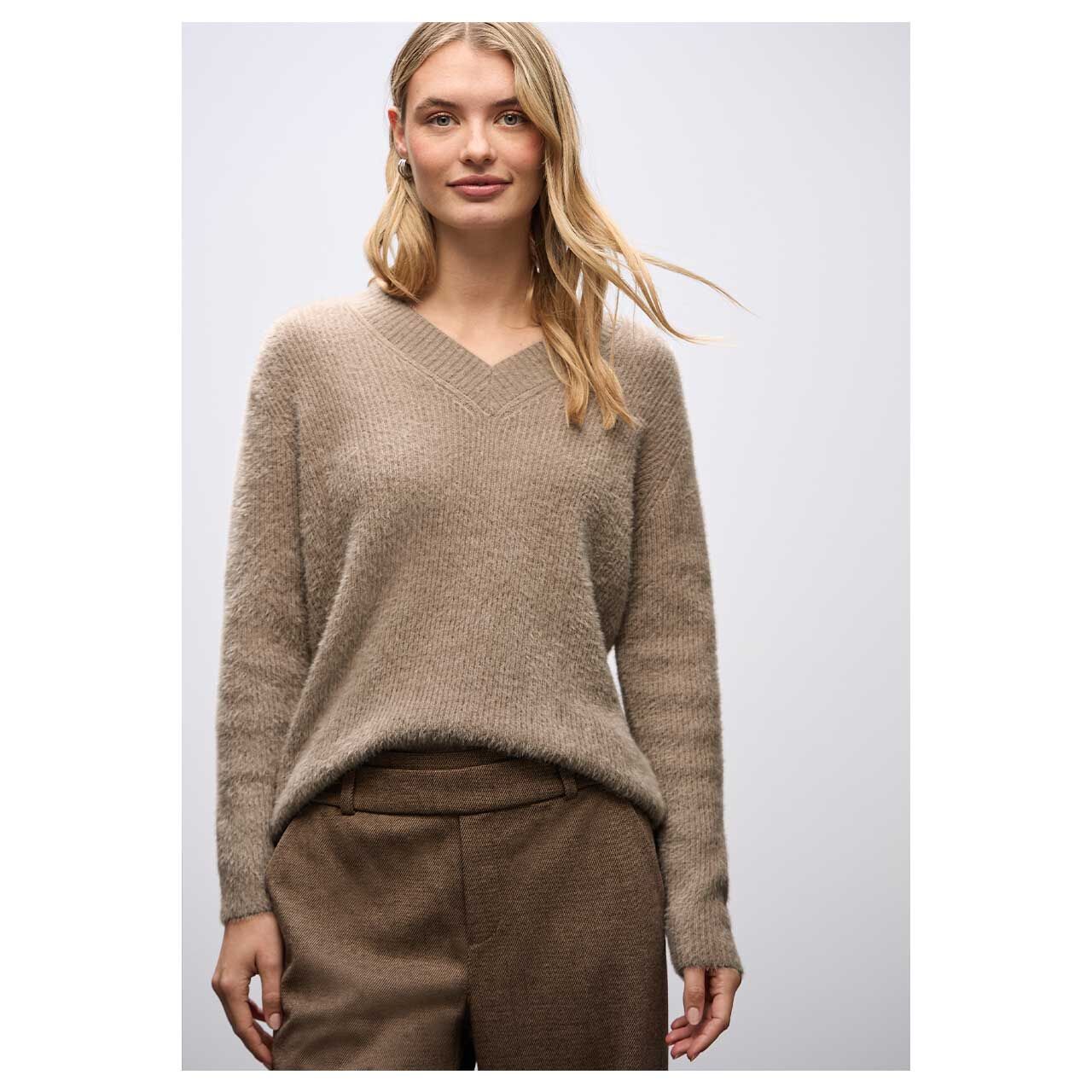 Damen Pullover Fluffy V-Neck von Street One in Beige meliert, Vorderansicht