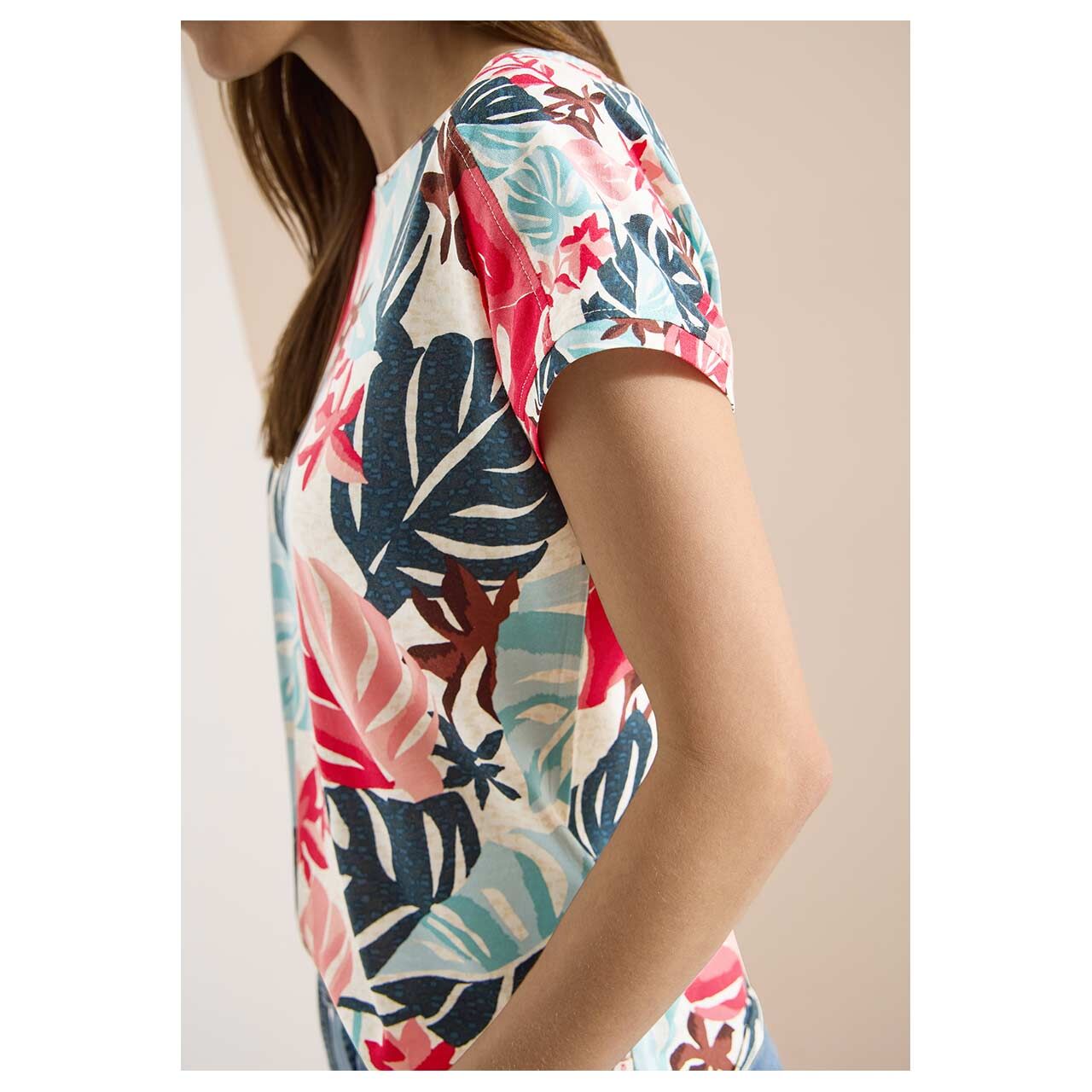 Damen T-Shirt Print Mix von Cecil in Hellbeige mit Print, Seitenansicht am Model