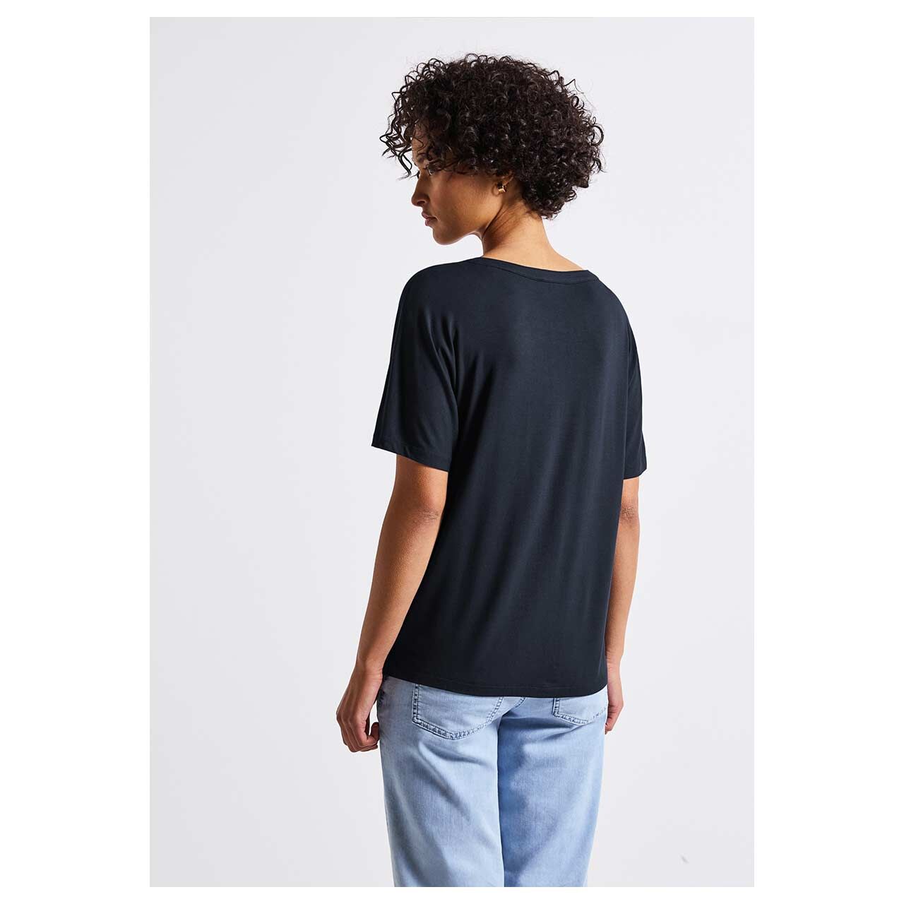 Damen Kurzarm Shirtjacke Jersey Tunic von Street One in Dunkelblau, Rückansicht am Modell