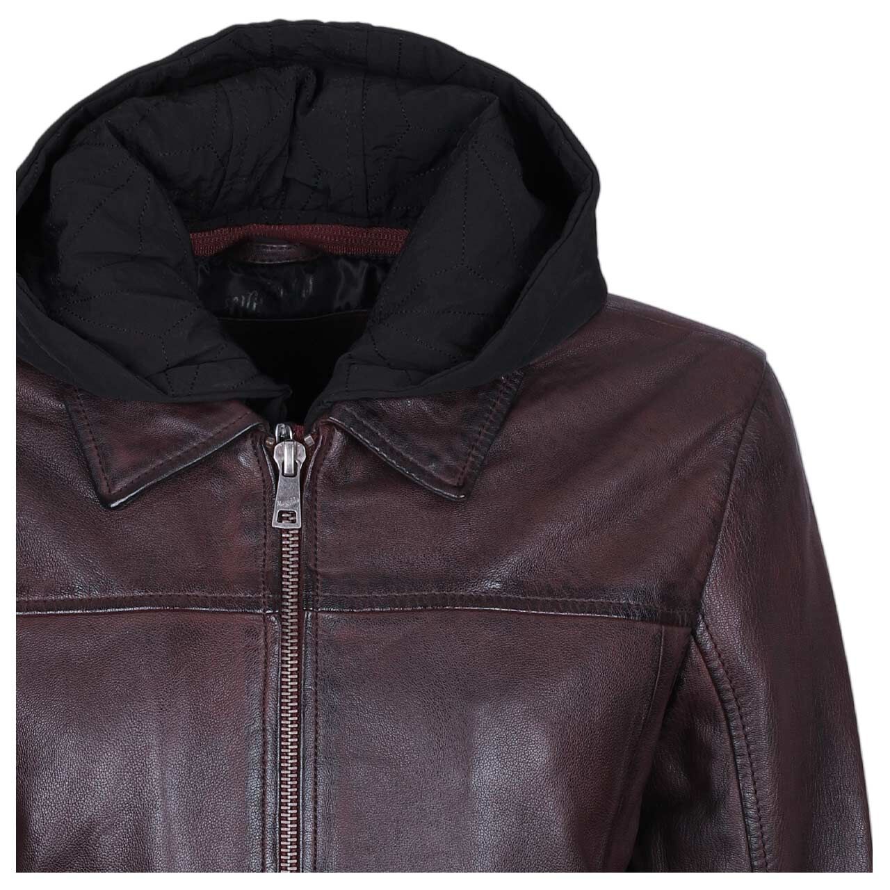 Damen Lederjacke Avih von Mauritius in Braun-Lila, detaillierte Vorderansicht geschlossen