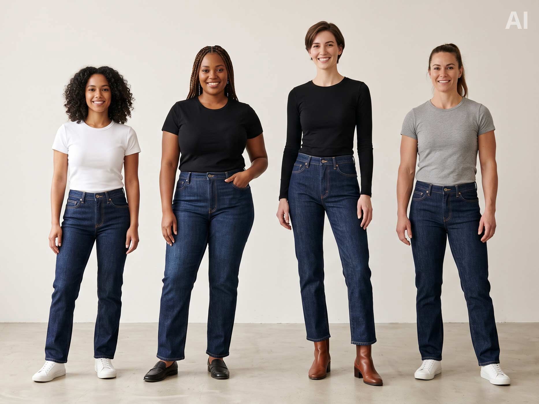 Vier Frauen mit unterschiedlichen Figurtypen tragen dunkelblaue Straight Leg Jeans zu schlichten Oberteilen und flachen Schuhen oder Stiefeletten.
