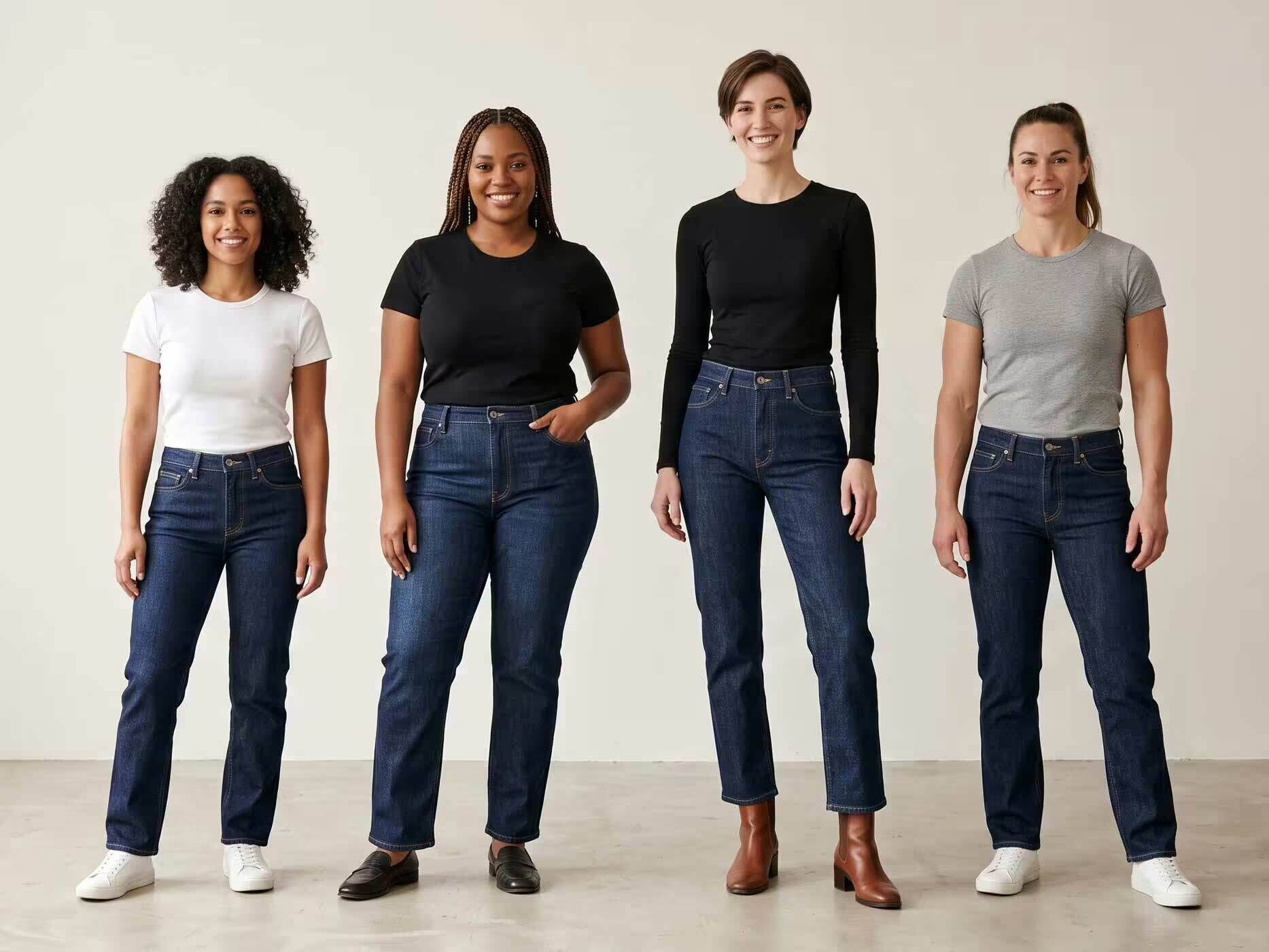 Vier Frauen mit unterschiedlichen Figurtypen tragen dunkelblaue Straight Leg Jeans zu schlichten Oberteilen und flachen Schuhen oder Stiefeletten.
