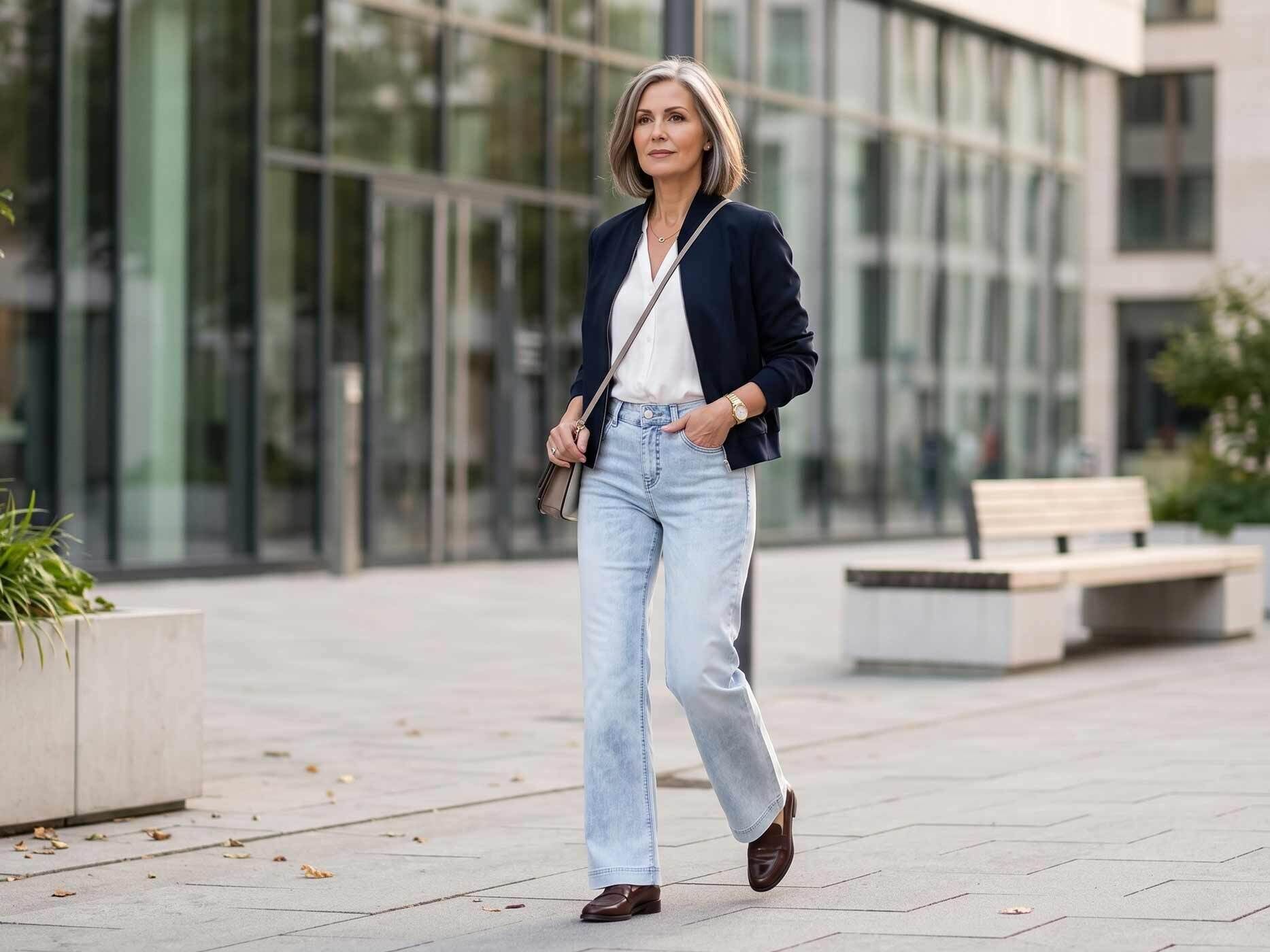 Eine Frau mit grauen Haaren spaziert vor einem modernen Geb&auml;ude. Sie tr&auml;gt eine weite hellblaue Jeans mit einem wei&szlig;en Oberteil und blauem Blazer. 