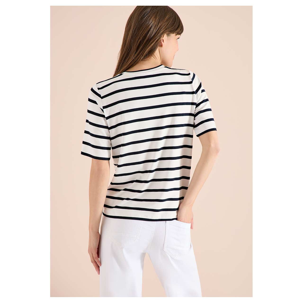 Damen T-Shirt Mer And Soleil Circle von Cecil in Blau gestreift mit Print, Rückansicht am Model