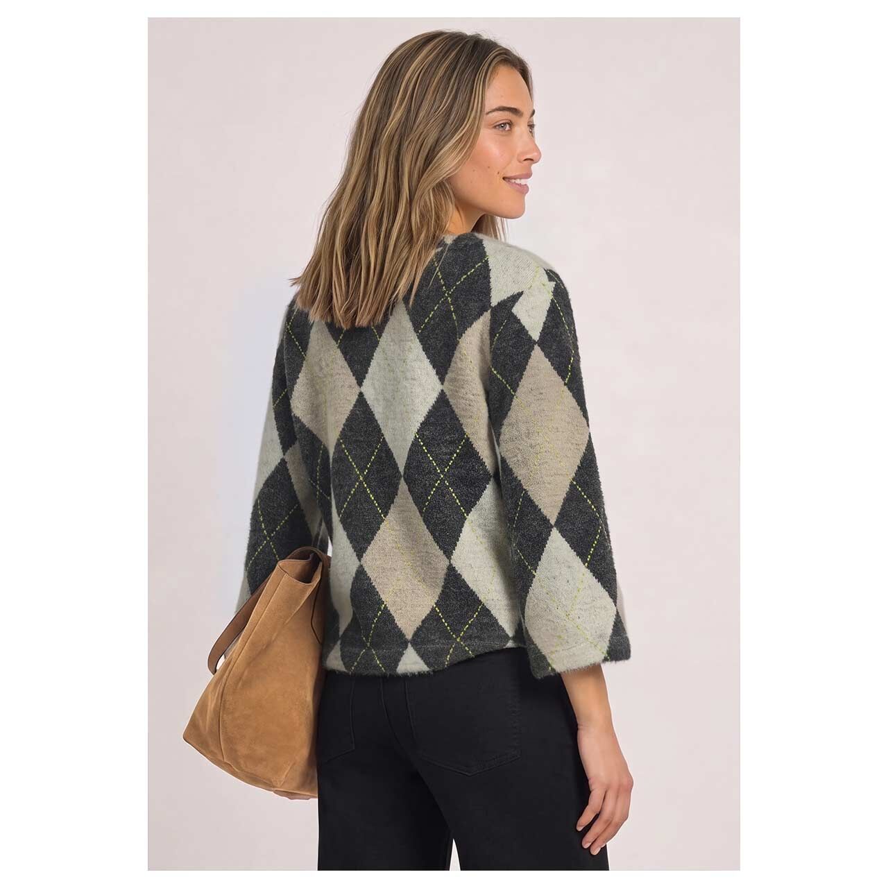 3/4 Arm Pullover Modern Fluffy Dessin von Street One in Dunkelgrau mit Print, Rückansicht am Model