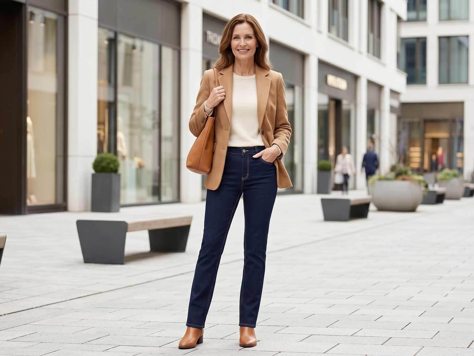 Eine Frau steht vor einem modernen Gebäude. Sie trägt eine dunkelblaue Jeans mit braunen Schuhen, einem beigen Oberteil und einem braunen Blazer.