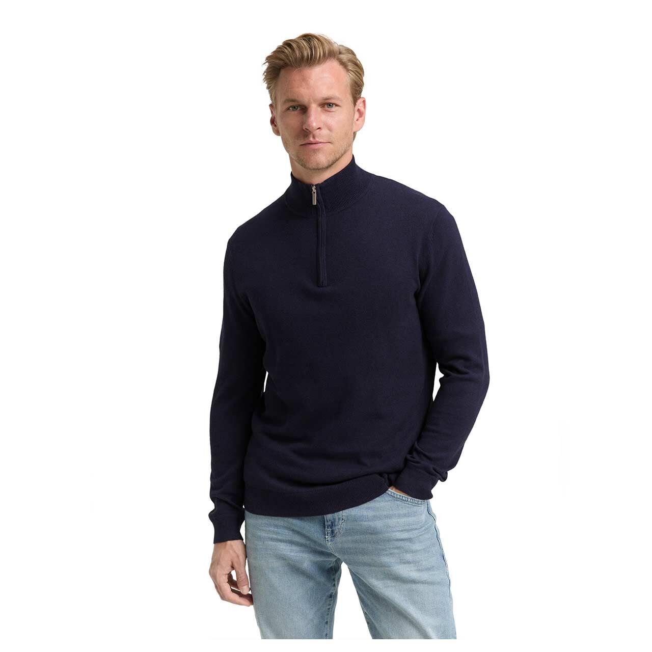 Herren Pullover Troyer Cashmere Knitted von Tom Tailor in Dunkelblau meliert, Vorderansicht am Model