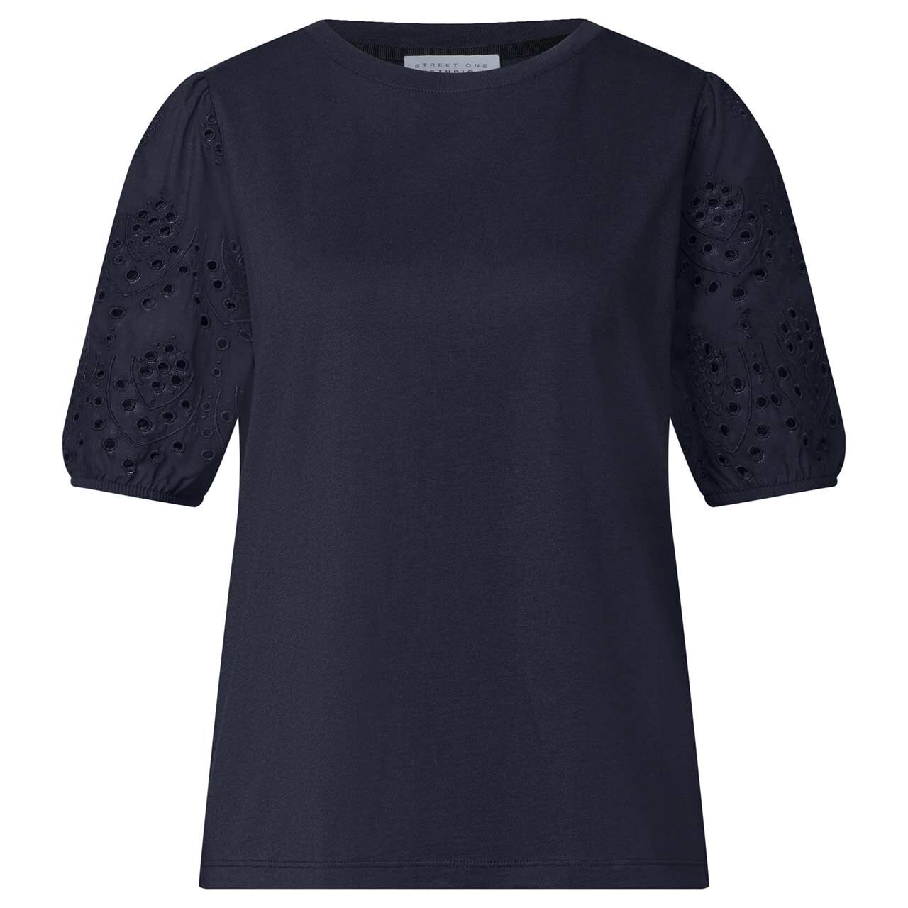 Street One Studio Damen T-Shirt Embroidered Woven Puff Sleeves maritime blue