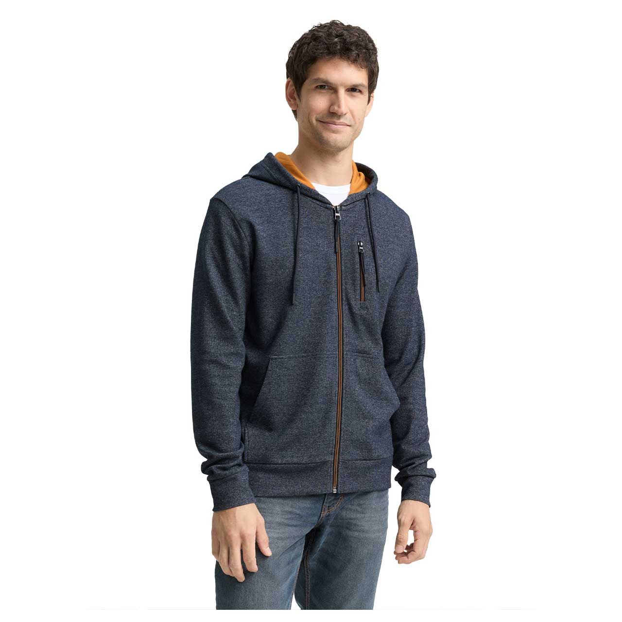 Herren Hoodie Sweatjacke von Tom Tailor in Dunkelblau meliert, Vorderansicht am Model