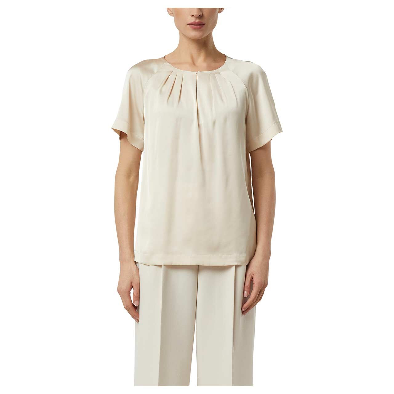 Damen Kurzarm Bluse von Comma in Beige, Vorderansicht am Model