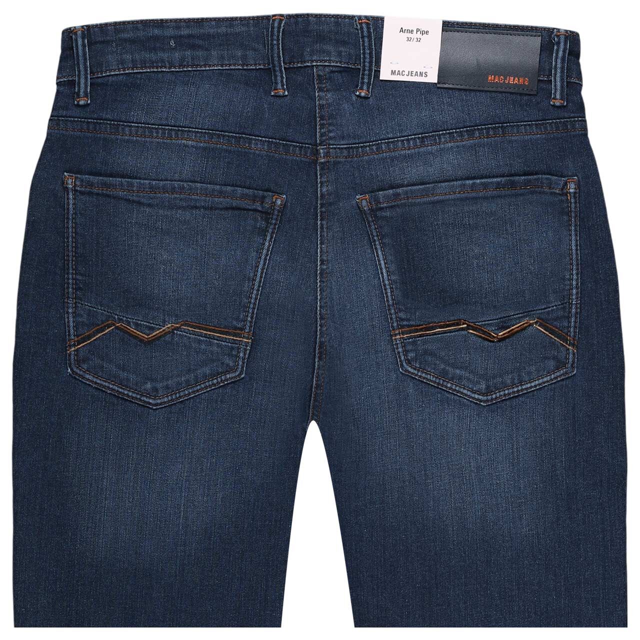Stretch Herrenjeans Arne Pipe von MAC in Dunkelblau verwaschen, detaillierte Rückansicht