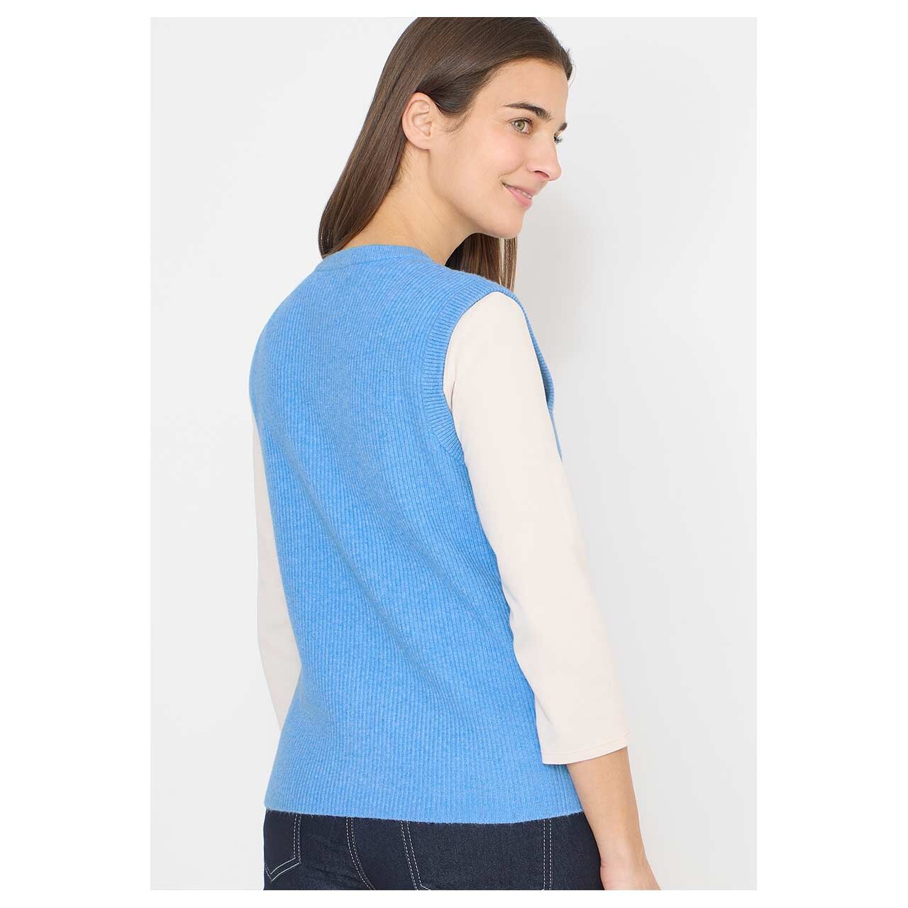 Damen Strickweste Rib Mix von Cecil in Blau meliert, Rückansicht am Model