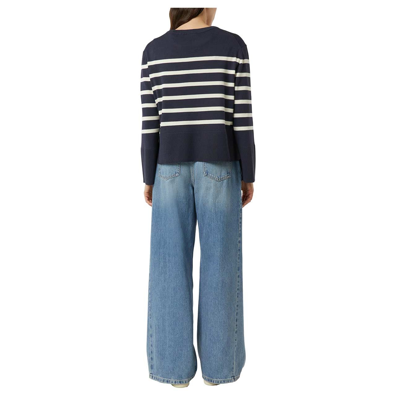 Damen Pullover von Comma in Dunkelblau gestreift, Rückansicht am Model