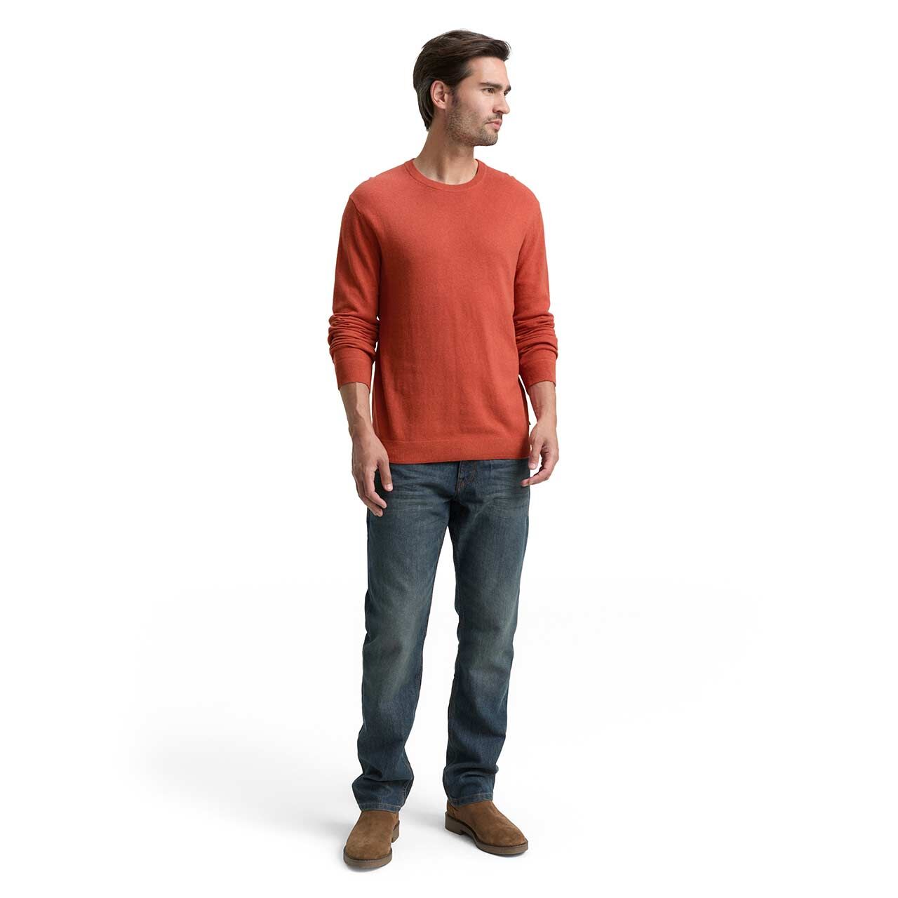 Herren Pullover Cashmere Crewneck Knit von Tom Tailor in Orange meliert, Ganzkörperansicht am Model