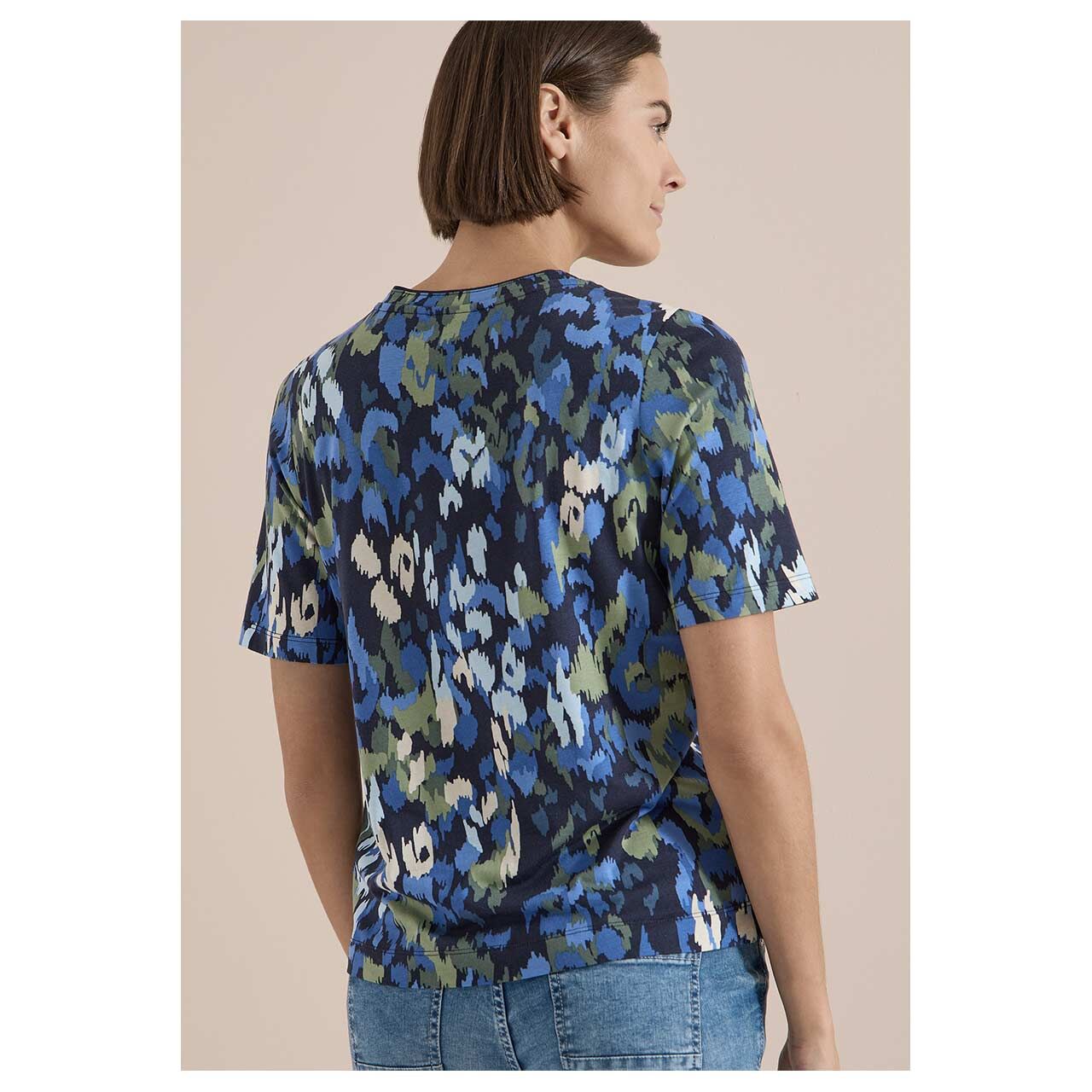 Damen T-Shirt Tunic von Cecil in Dunkelblau mit Print, Rückansicht am Model