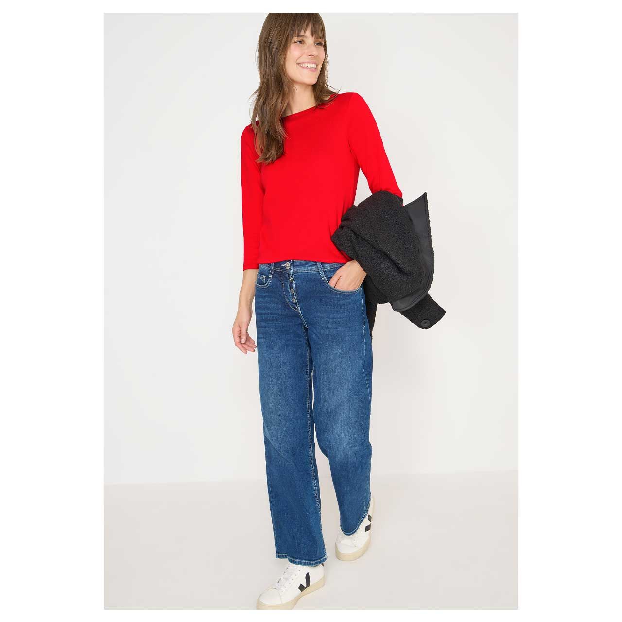 Damen 3/4 Arm Shirt Basic Boatneck von Cecil in Orange-Rot, Ganzkörperansicht am Model