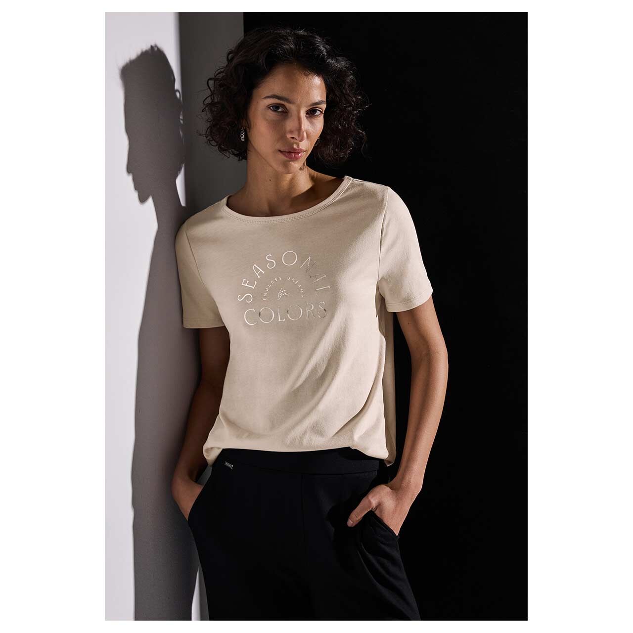 Street One Damen T-Shirt Basic Partprint smooth sand beige