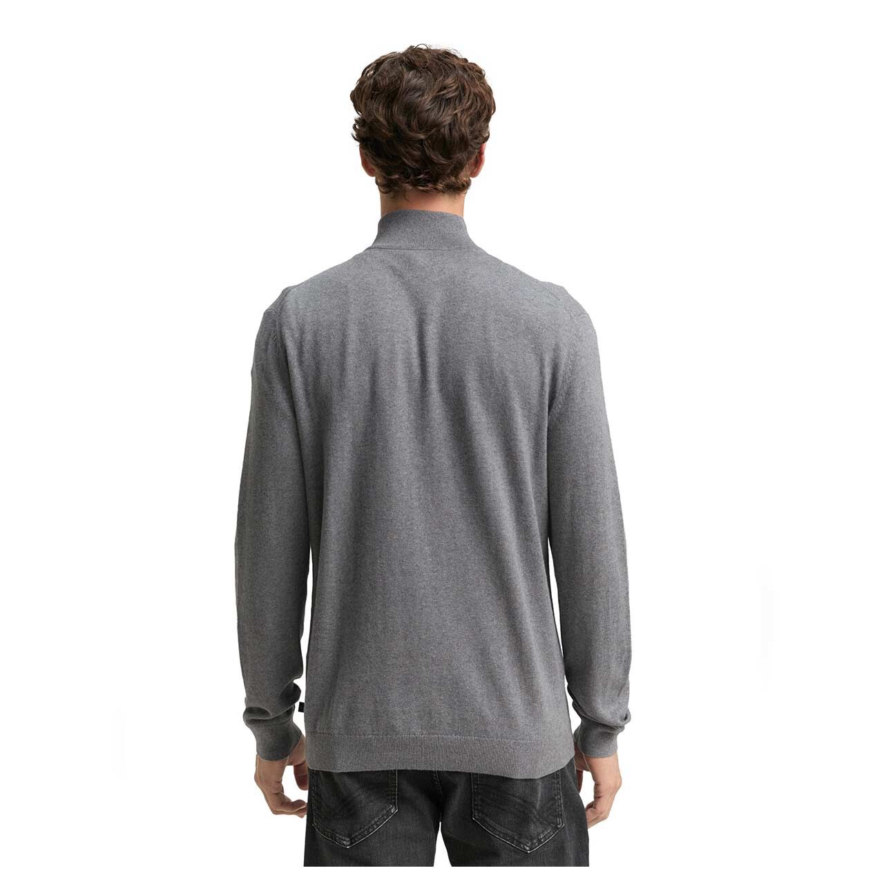 Herren Pullover Troyer Cashmere Knitted von Tom Tailor in Grau meliert, Rückansicht am Model