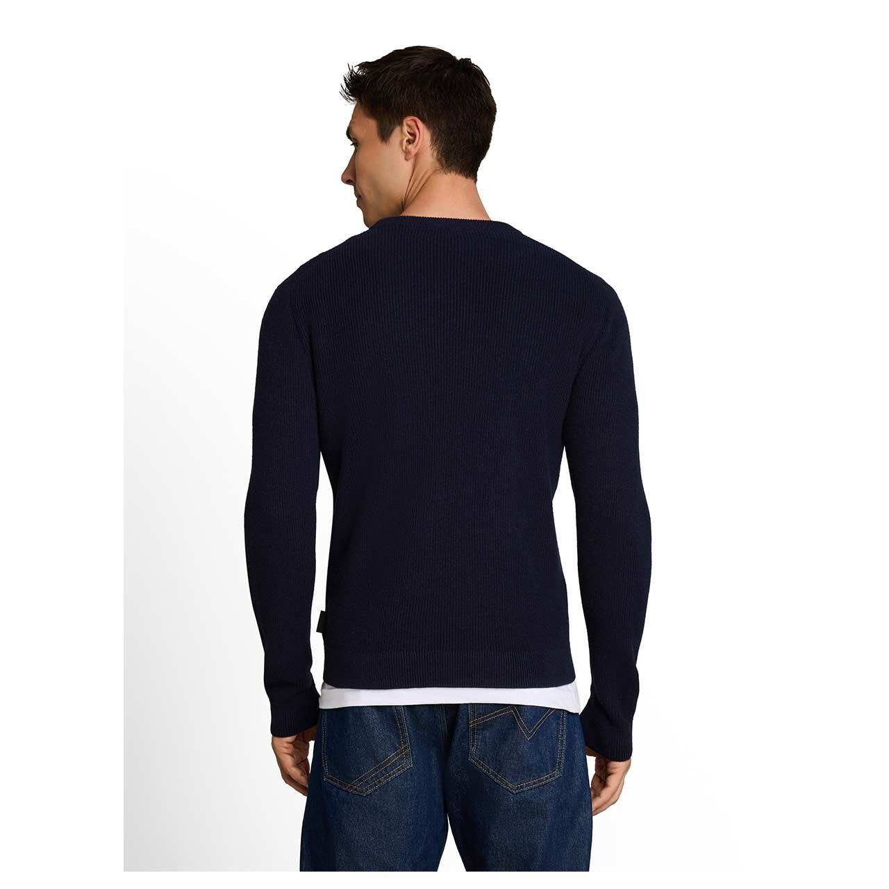Herren Pullover Cashmere Structured Crew Knit von Tom Tailor in Dunkelblau meliert, Rückansicht am Model