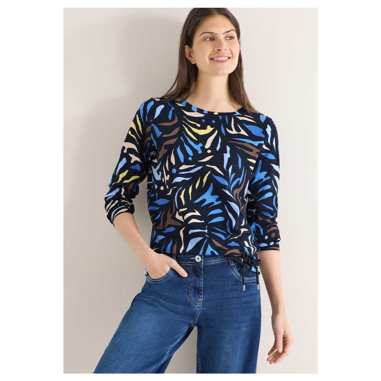 Damen Langarm Shirt Multi Boatneck von Cecil in Dunkelblau mit Print, Vorderansicht am Model