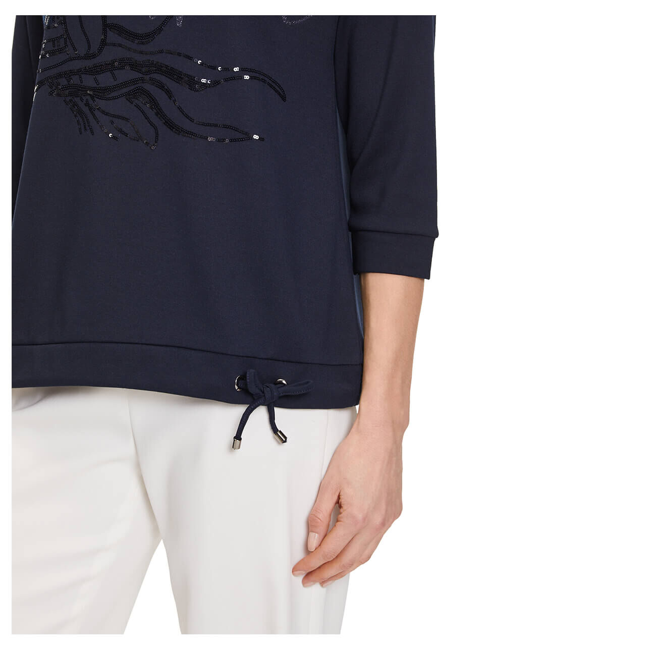 betty-barclay-3-4-arm-pullover-dunkelblau-8345-detail-unten Betty Barclay 3/4 Arm Pullover für Damen in Dunkelblau mit Print, FarbNr.: 8345