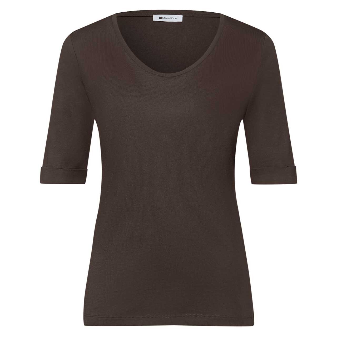 Street One Damen T-Shirt V-Neck Turn-Up Cuff molten earth