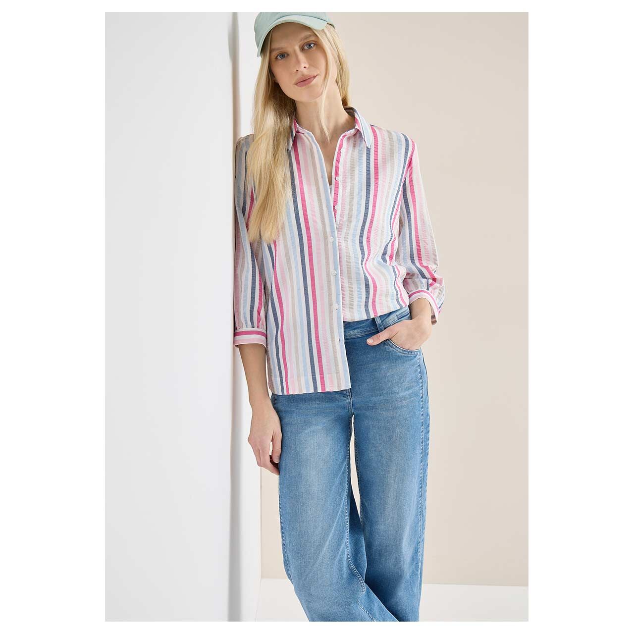 Damen 3/4 Arm Bluse Multicolor Seersucker Stripe von Cecil in Pink gestreift, Vorderkörperansicht am Model