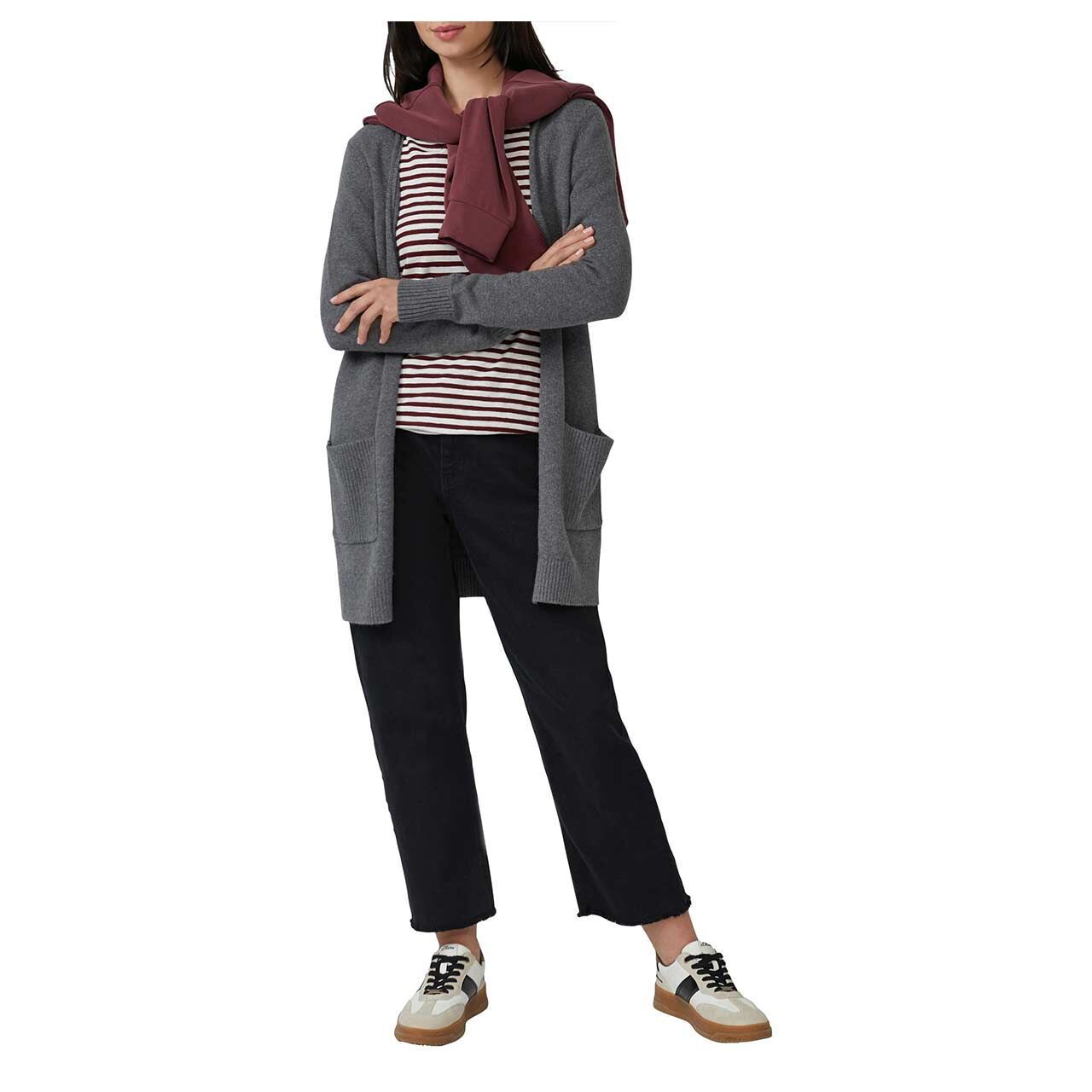 s.Oliver Damen Strickjacke Cardigan in Dunkelgrau meliert, Ganzkörperansicht am Model