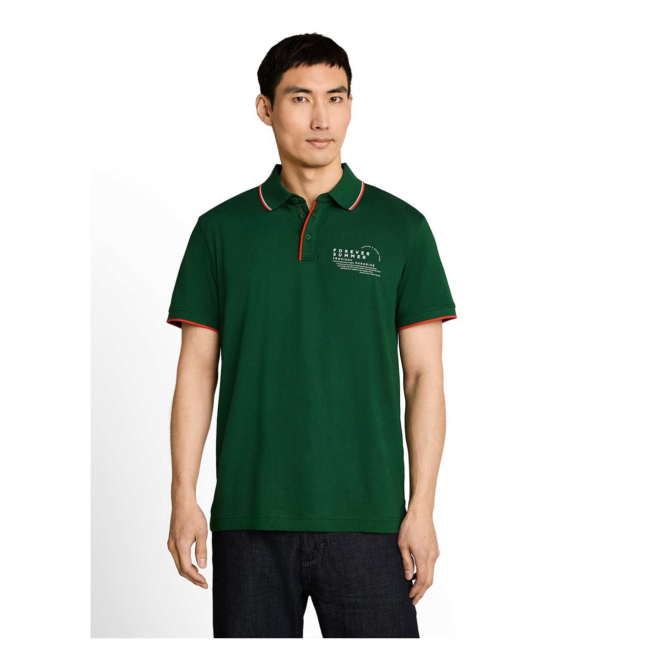 Herren Poloshirt von Tom Tailor in Grün mit Print, Vorderansicht am Model