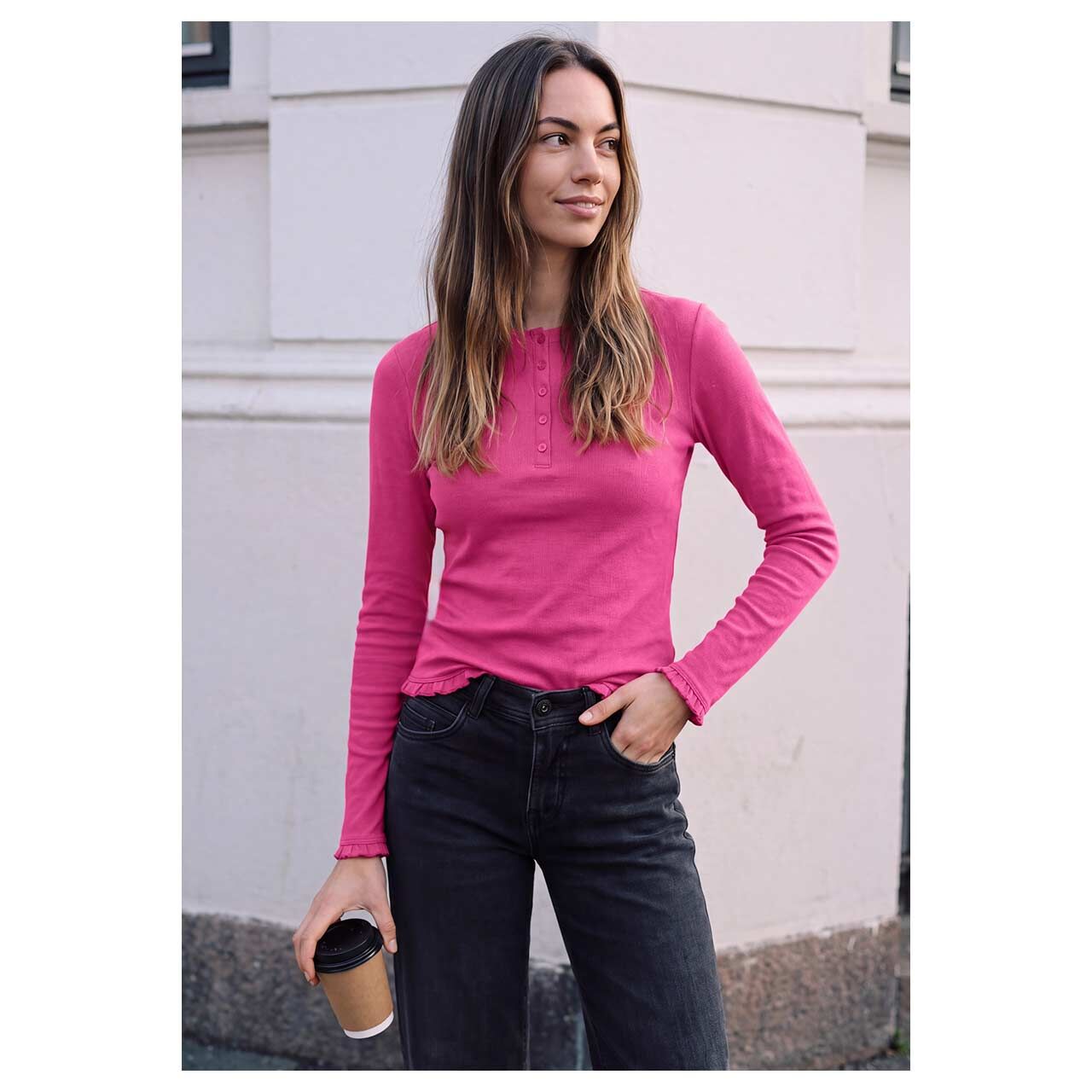 Damen Langarm Shirt Basic Rib Frill von Street One Studio in Pink, Vorderansicht am Model