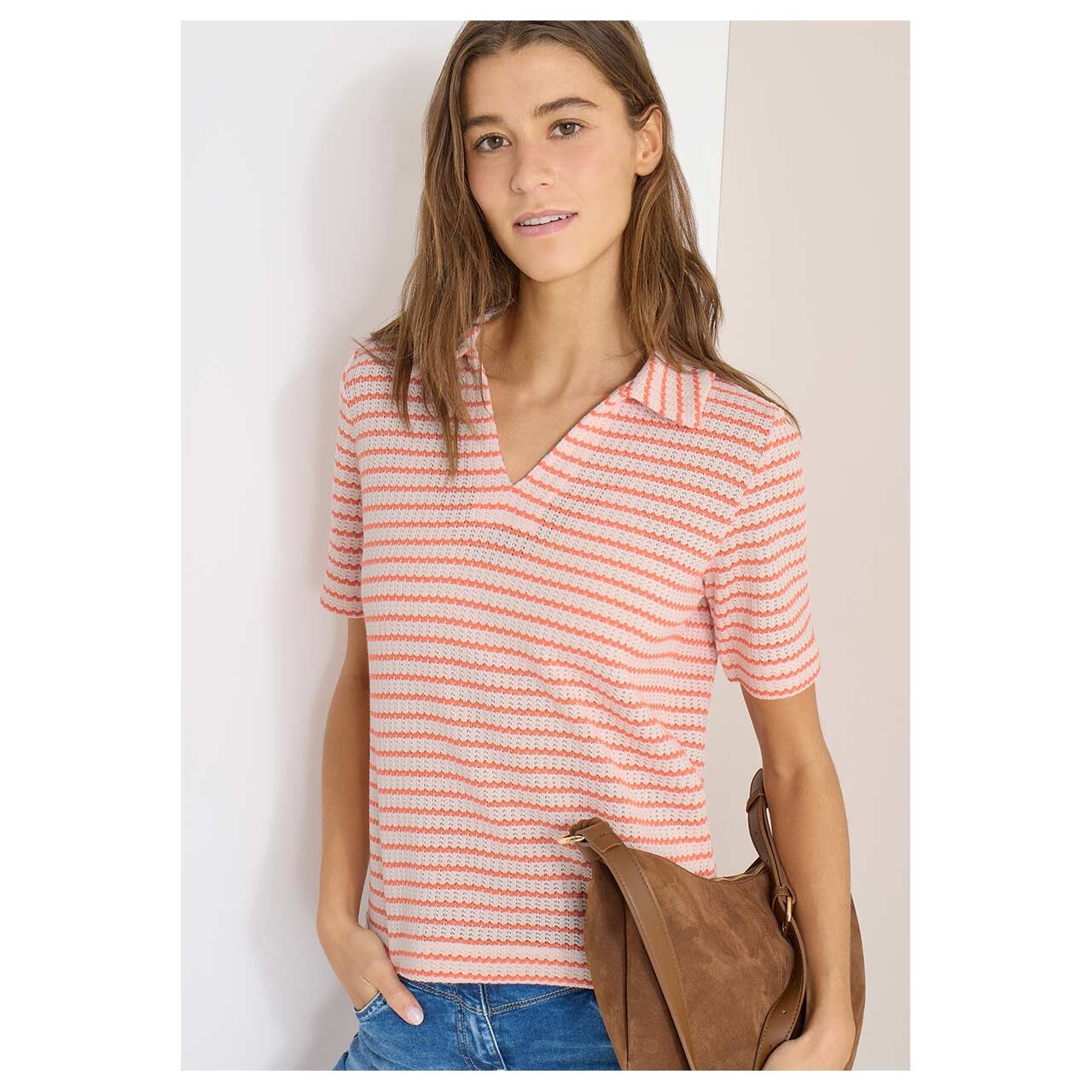 Damen Poloshirt Striped Ajour von Cecil in Orange-Rot gestreift, Vorderansicht Model