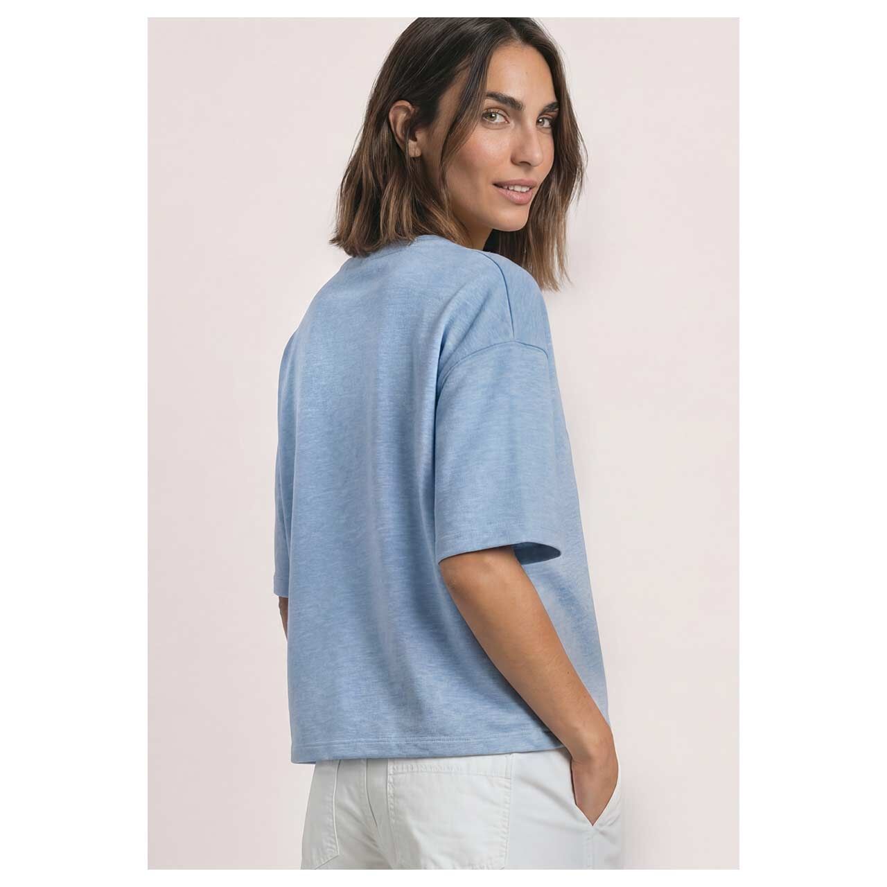 Damen Kurzarm Sweatshirt Short Boxy Crewneck von Street One in Hellblau meliert, Rückansicht am Model