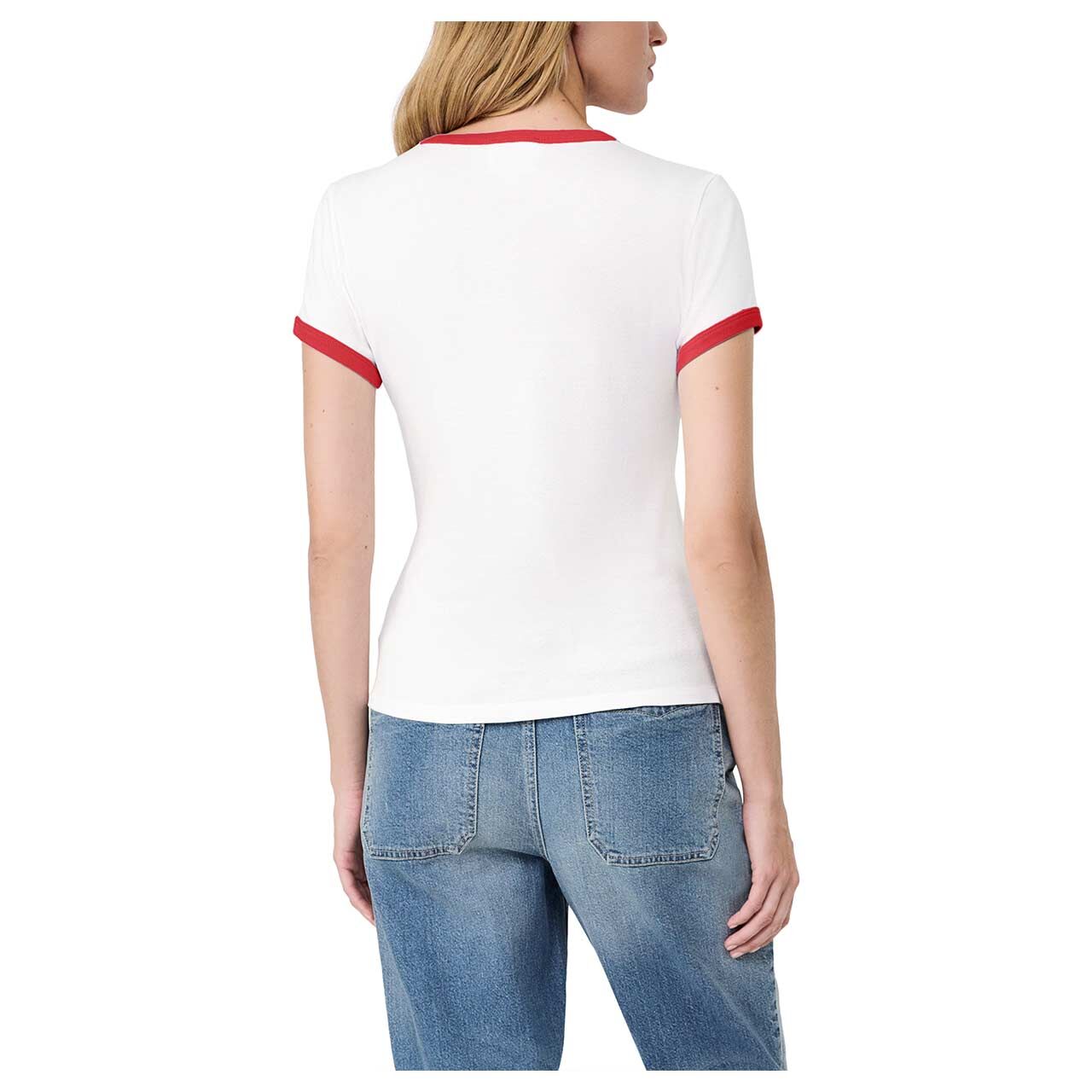 s.Oliver Damen T-Shirt in Weiß mit Print, Rückansicht am Model