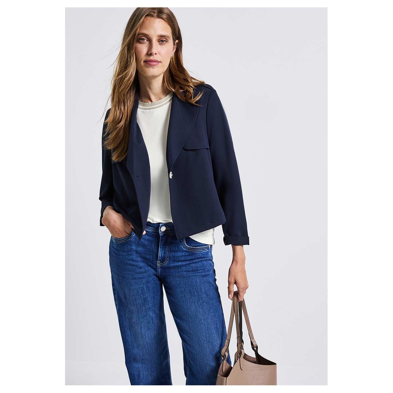 Damen T-Shirt Rib Collar von Street One in Cremeweiß, Vorderansicht