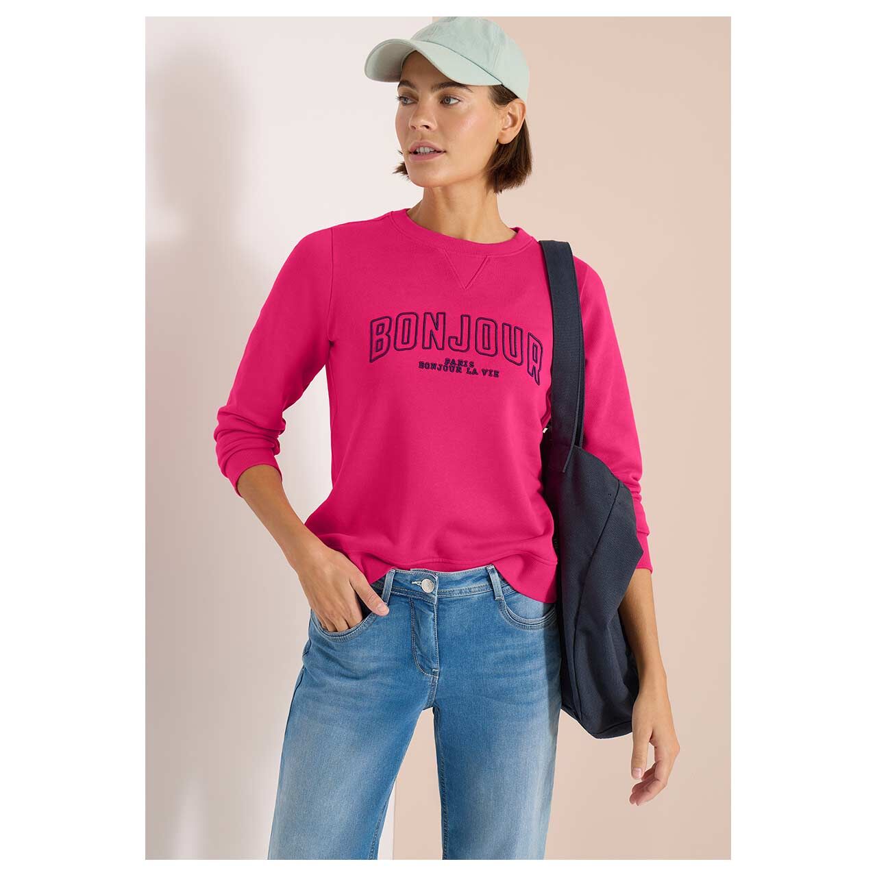Damen Sweatshirt Embroidery von Cecil in Pink mit Print, Vorderansicht am Model