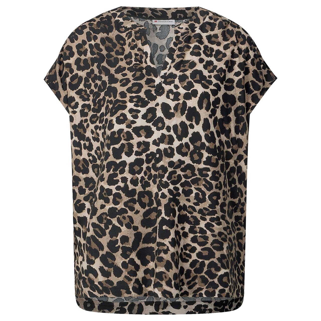 Street One Damen Kurzarm Bluse Splitneck black leo print
