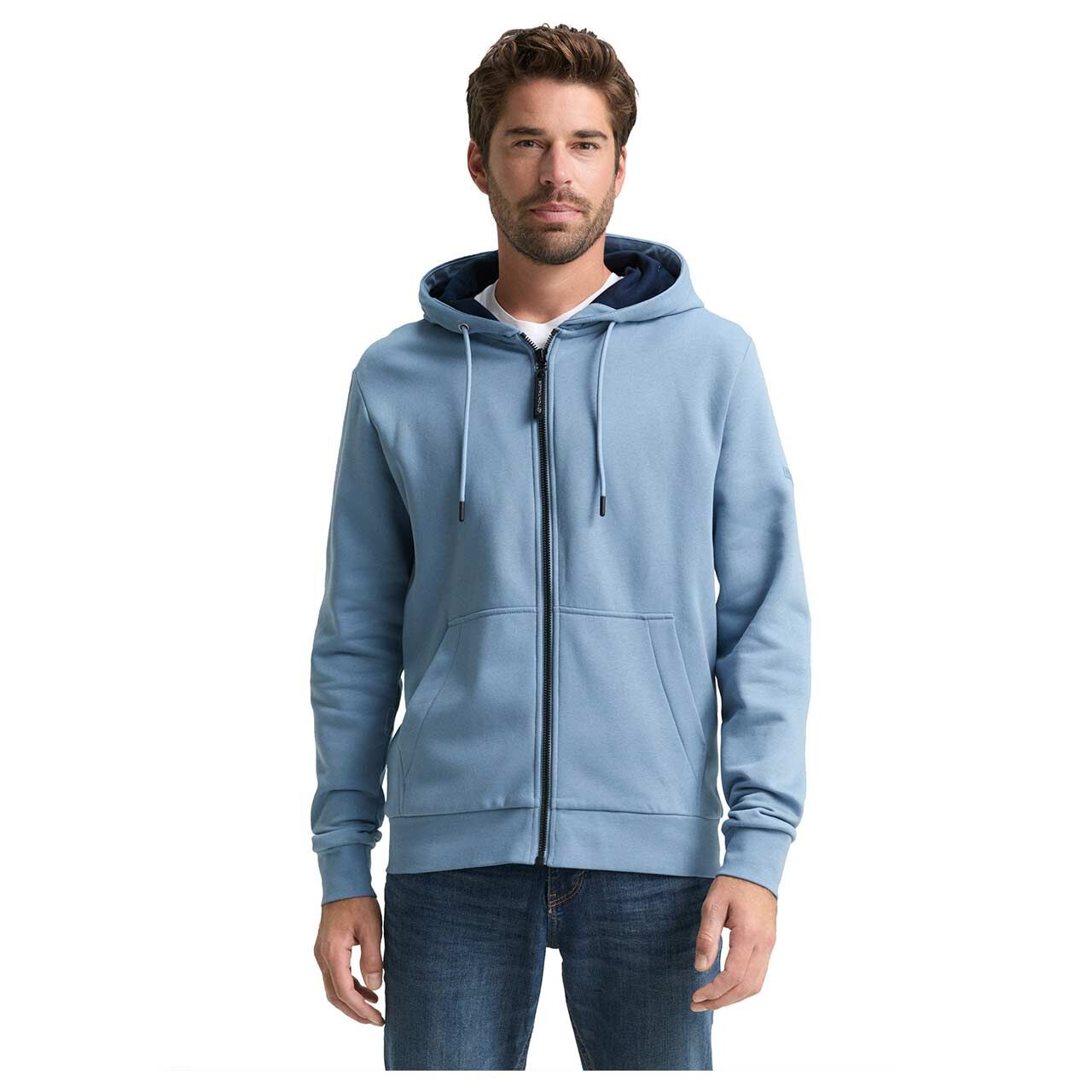 Herren Hoodie Sweatjacke von Tom Tailor in Hellblau, Vorderansicht am Model