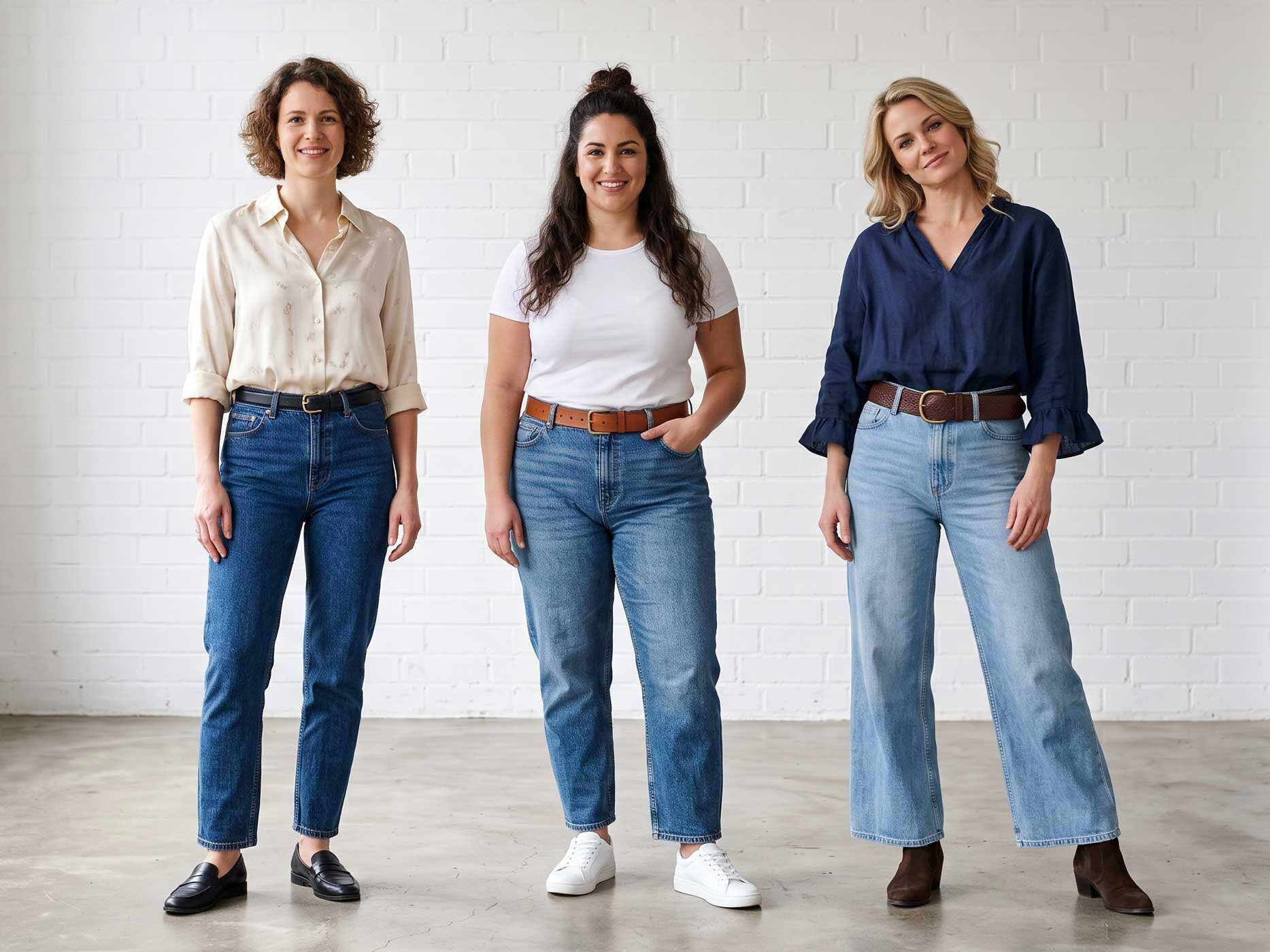 Drei Frauen tragen unterschiedlich geschnittene blaue Jeans mit Gürteln in Schwarz, Cognac und Dunkelbraun vor einer weißen Backsteinwand.