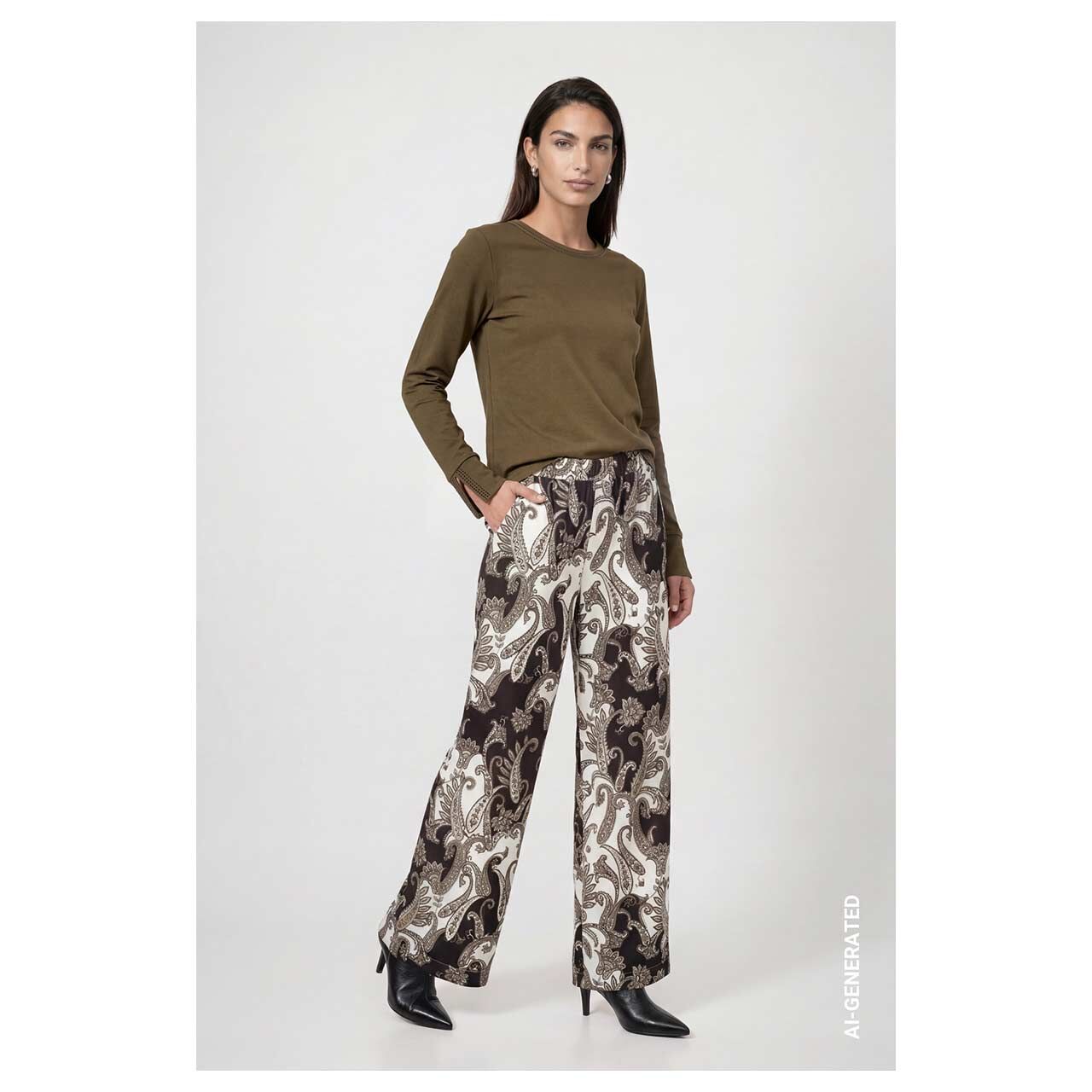 Damen Langarm Shirt von Monari in Olivgrün mit Strass, Ganzkörperansicht am Model